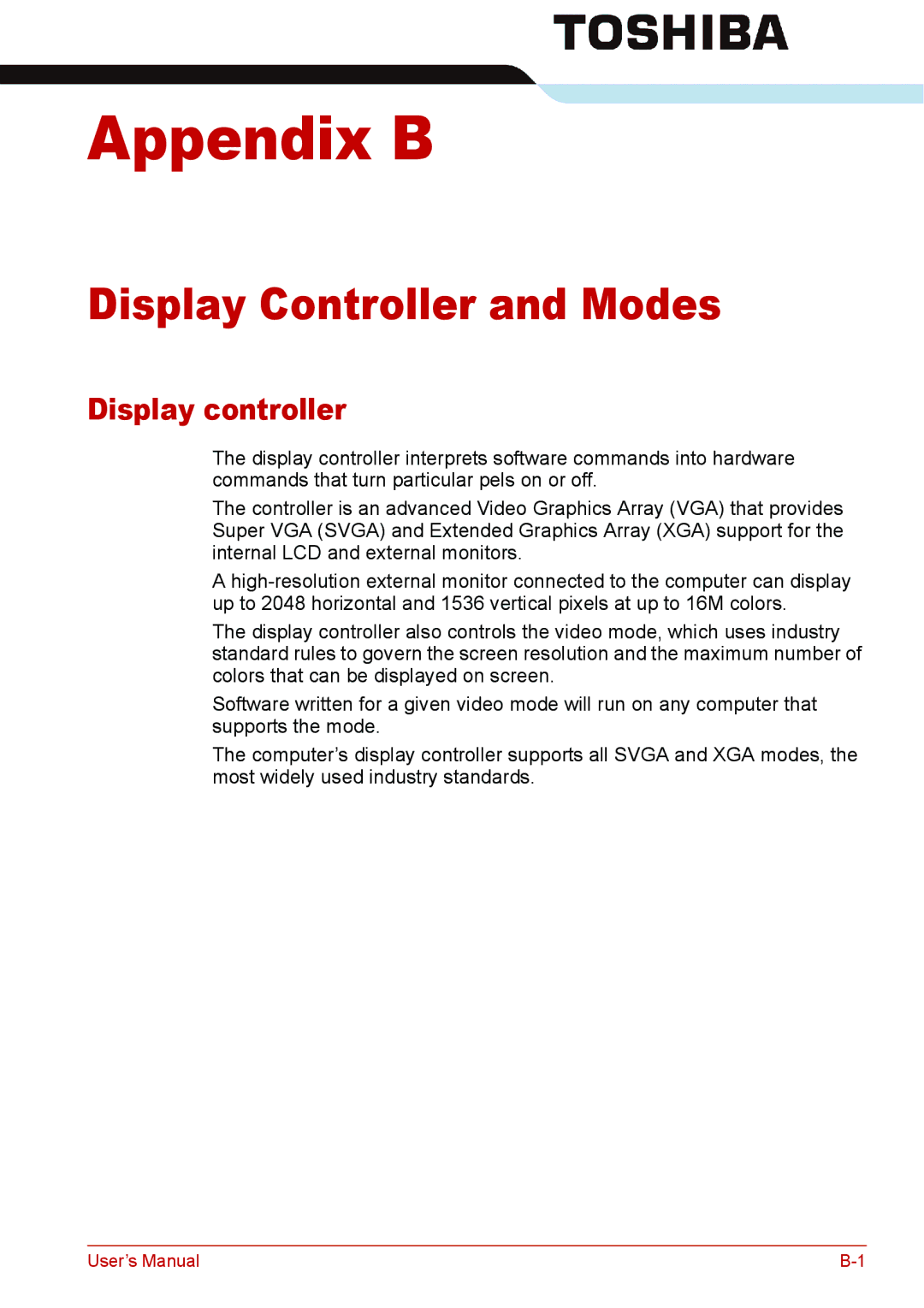 Toshiba L310 user manual Display Controller and Modes, Display controller 