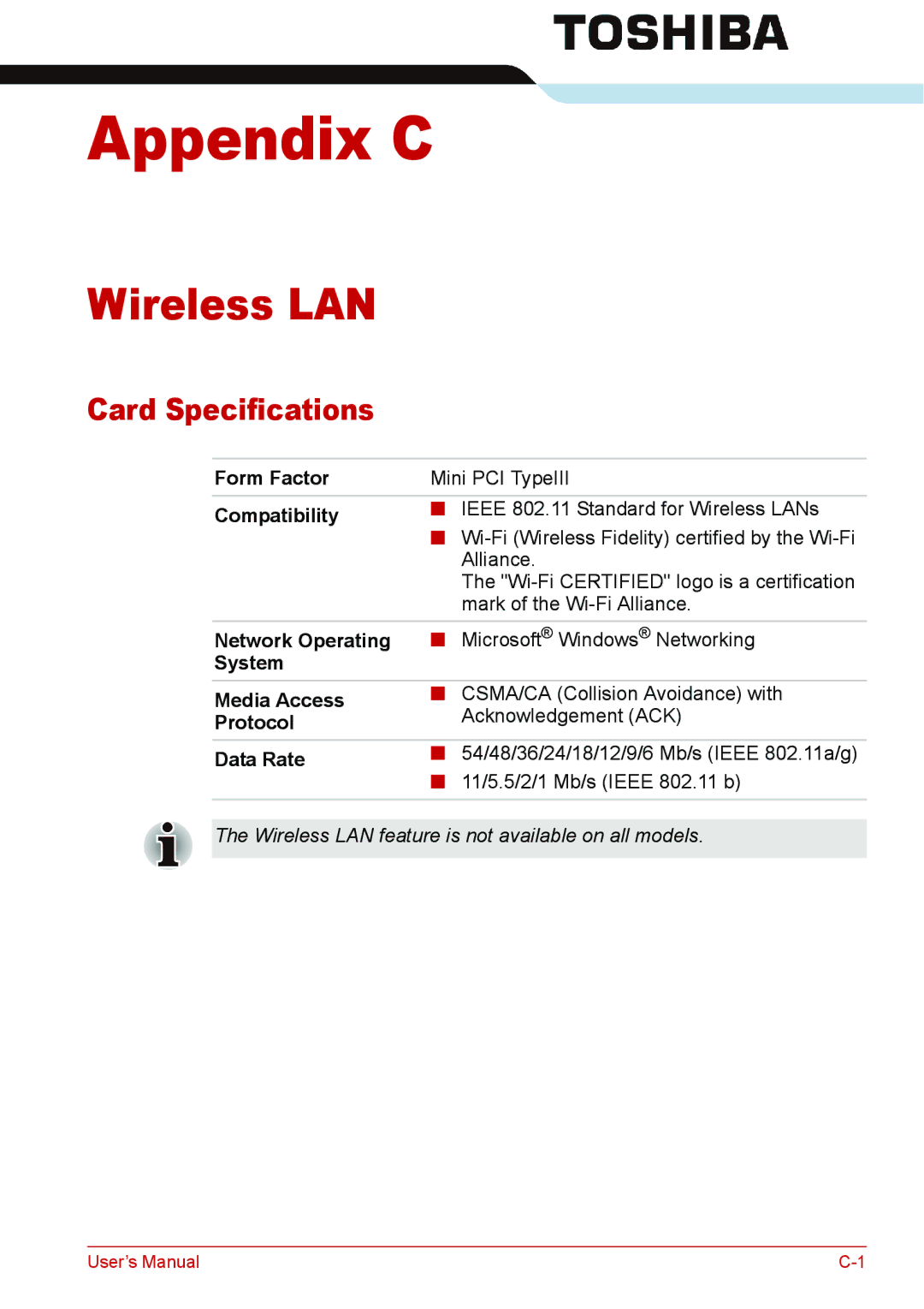 Toshiba L310 user manual Wireless LAN, Card Specifications 