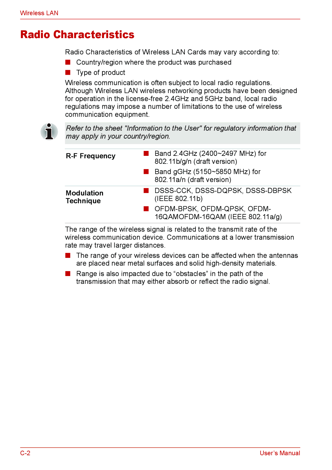 Toshiba L310 user manual Radio Characteristics, Frequency, Modulation, Technique 