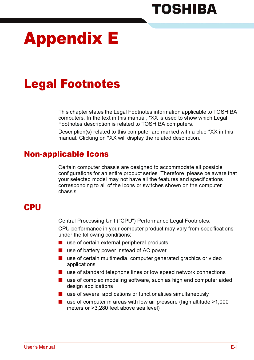 Toshiba L310 user manual Legal Footnotes, Non-applicable Icons 