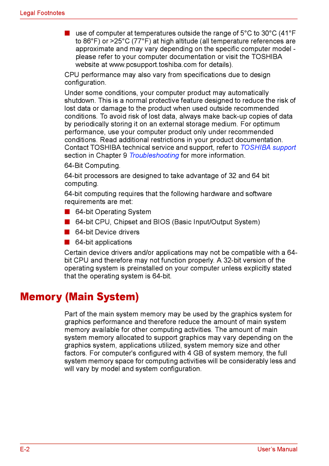 Toshiba L310 user manual Memory Main System 