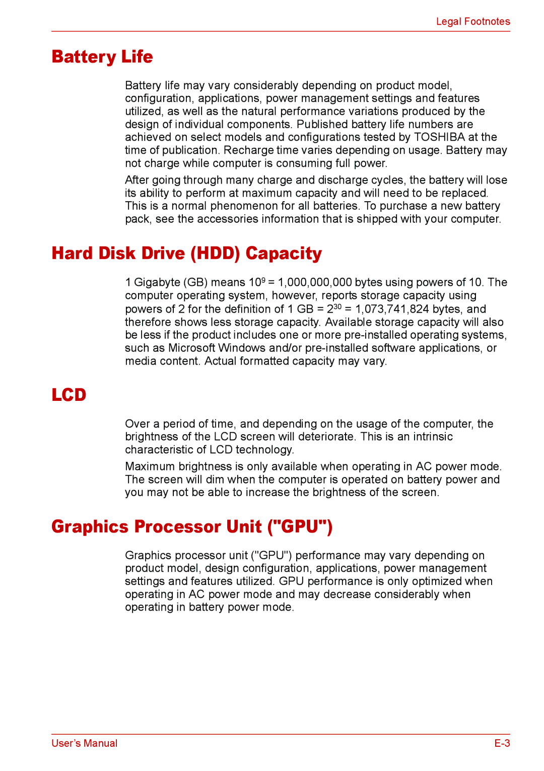 Toshiba L310 user manual Battery Life, Hard Disk Drive HDD Capacity, Graphics Processor Unit GPU 