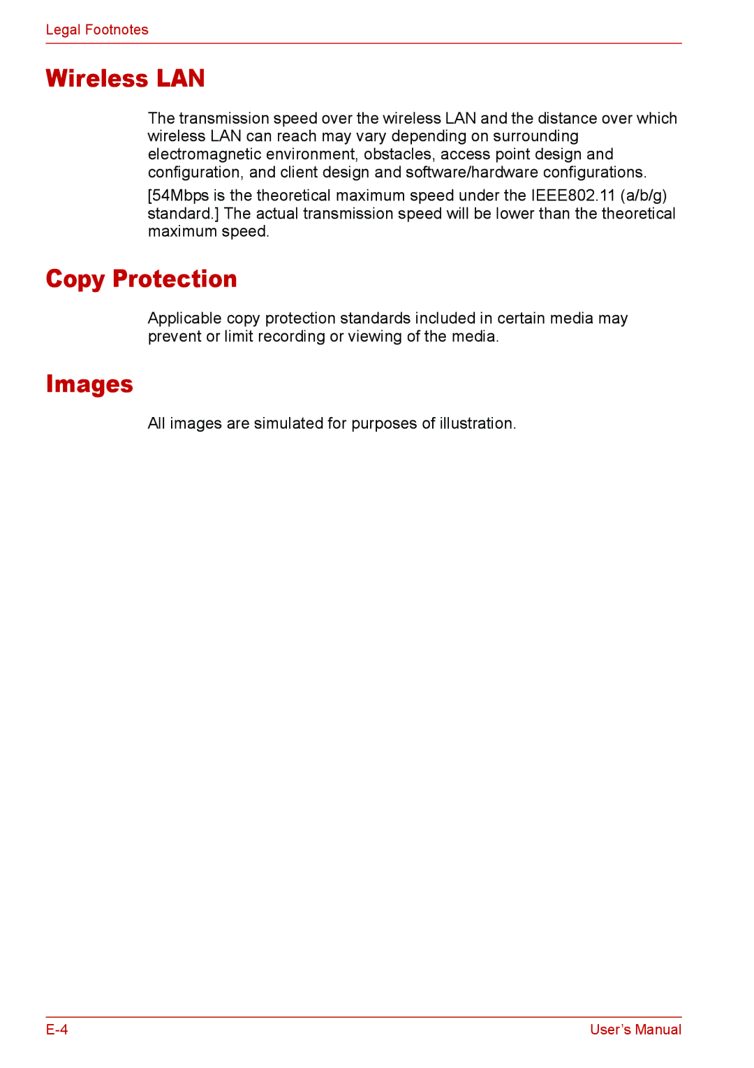 Toshiba L310 user manual Wireless LAN, Copy Protection, Images 