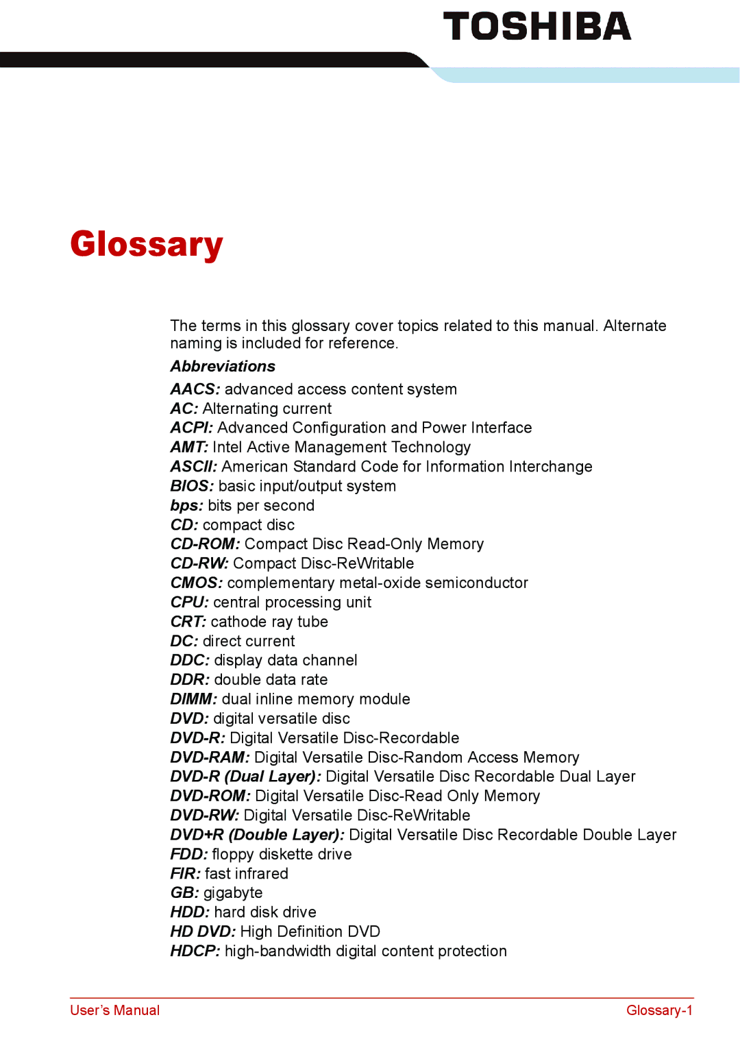 Toshiba L310 user manual Glossary, Abbreviations 