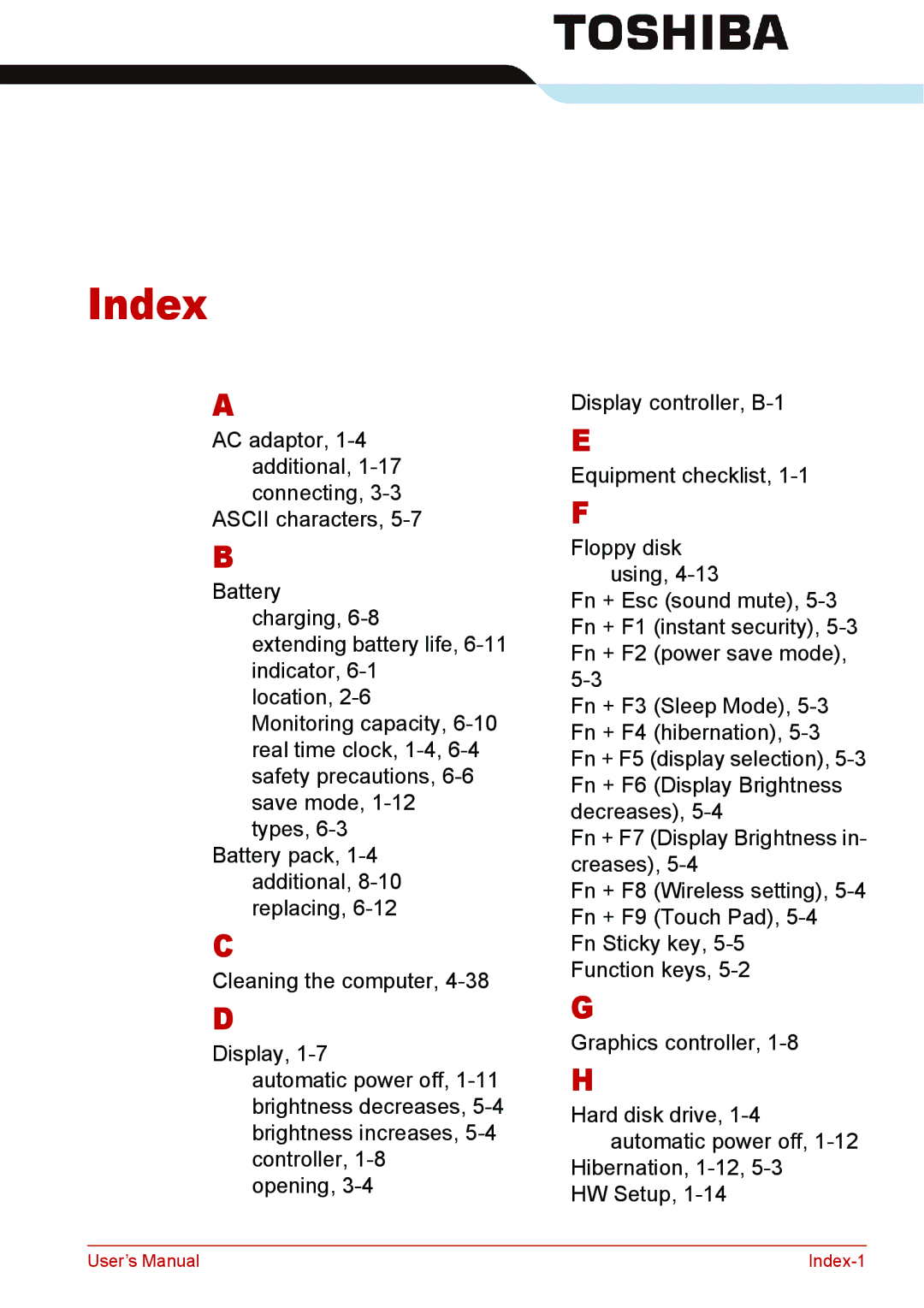 Toshiba L310 user manual Index 