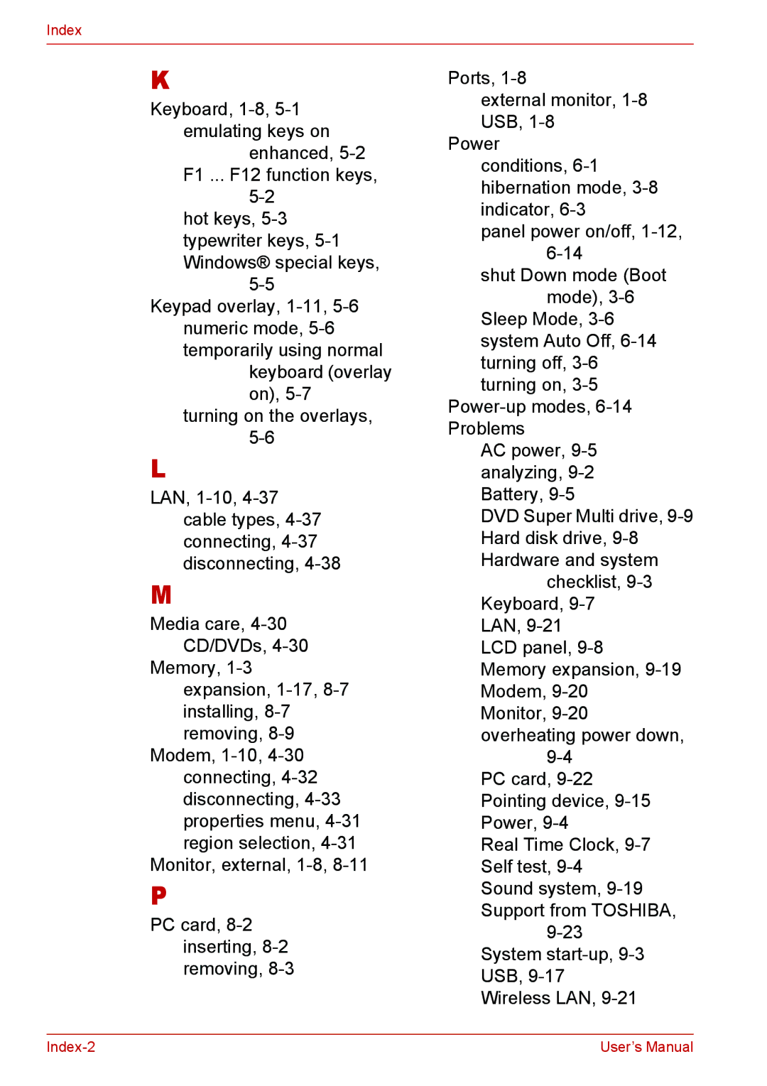 Toshiba L310 user manual Index 