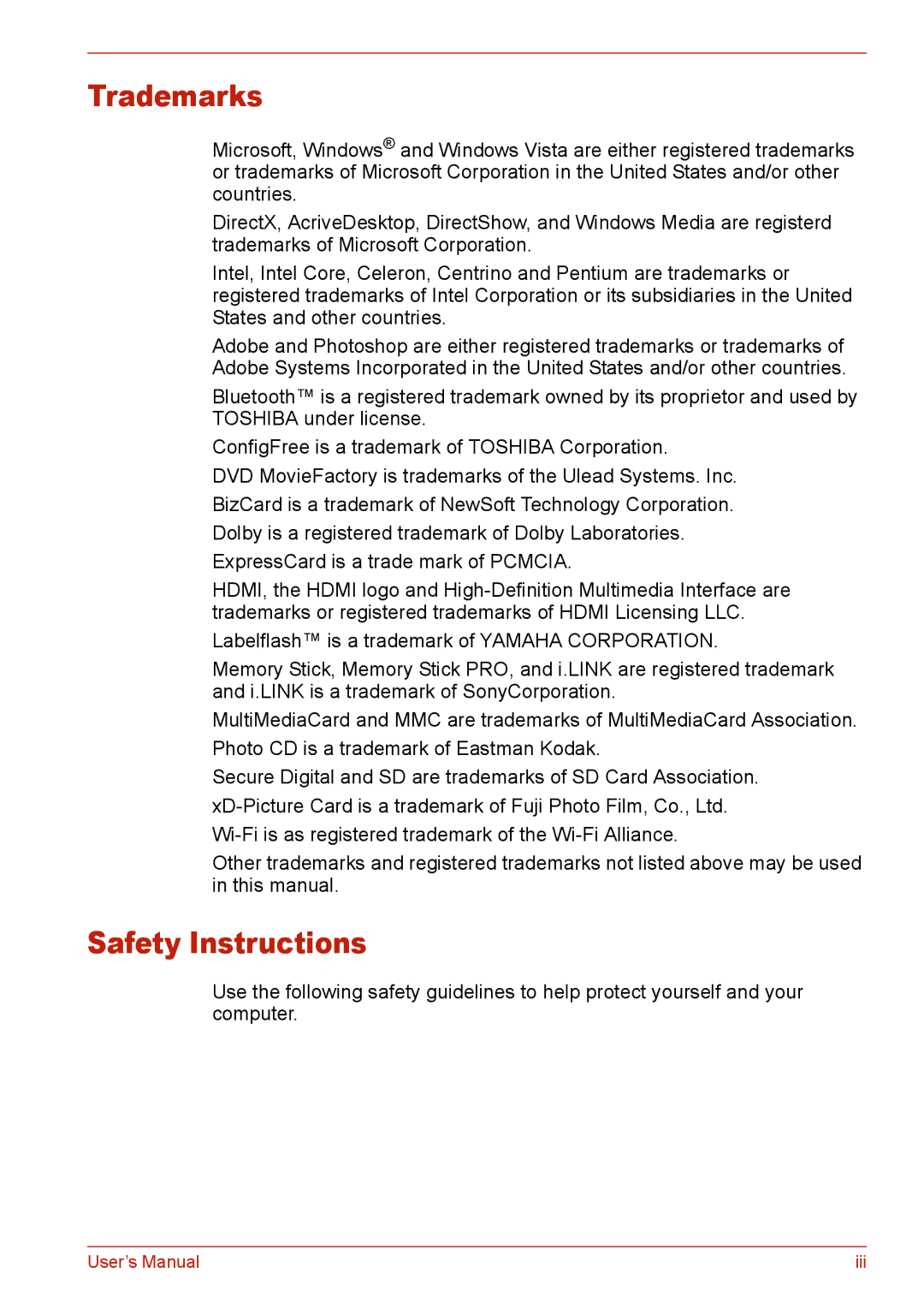 Toshiba L310 user manual Trademarks, Safety Instructions 