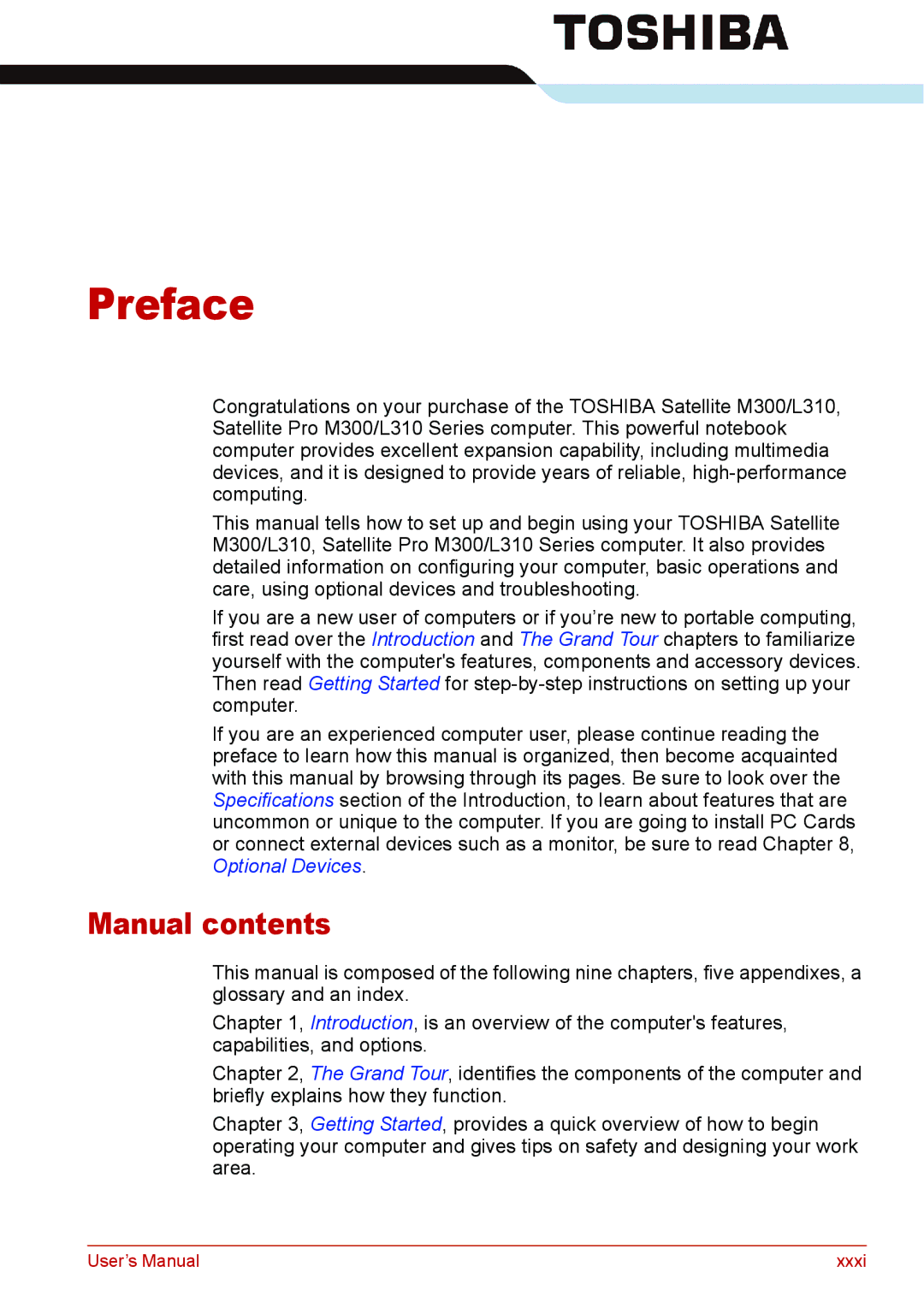 Toshiba L310 user manual Preface, Manual contents 