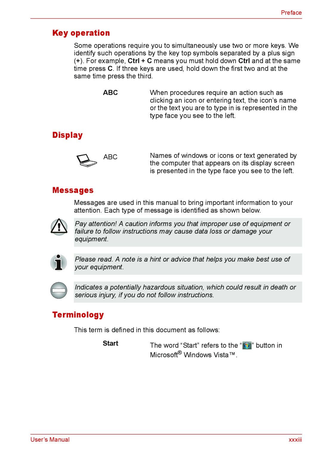 Toshiba L310 user manual Key operation, Display, Messages, Terminology, Start Word Start refers to the button 