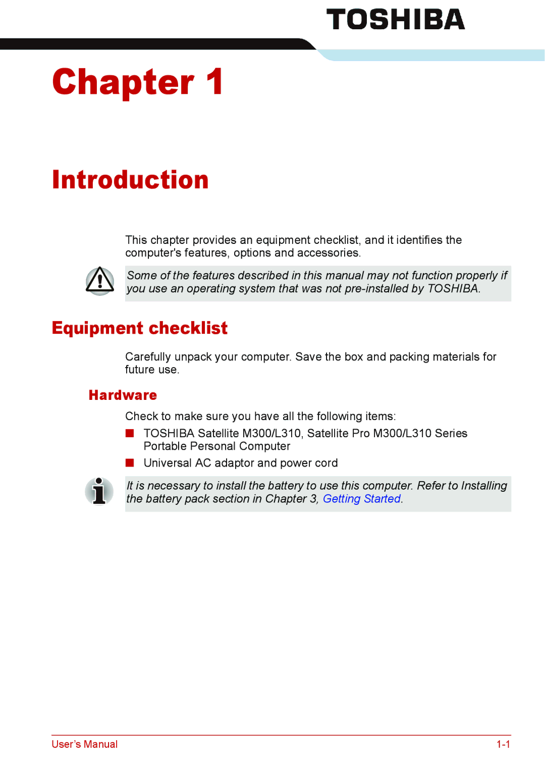 Toshiba L310 user manual Introduction, Equipment checklist, Hardware 