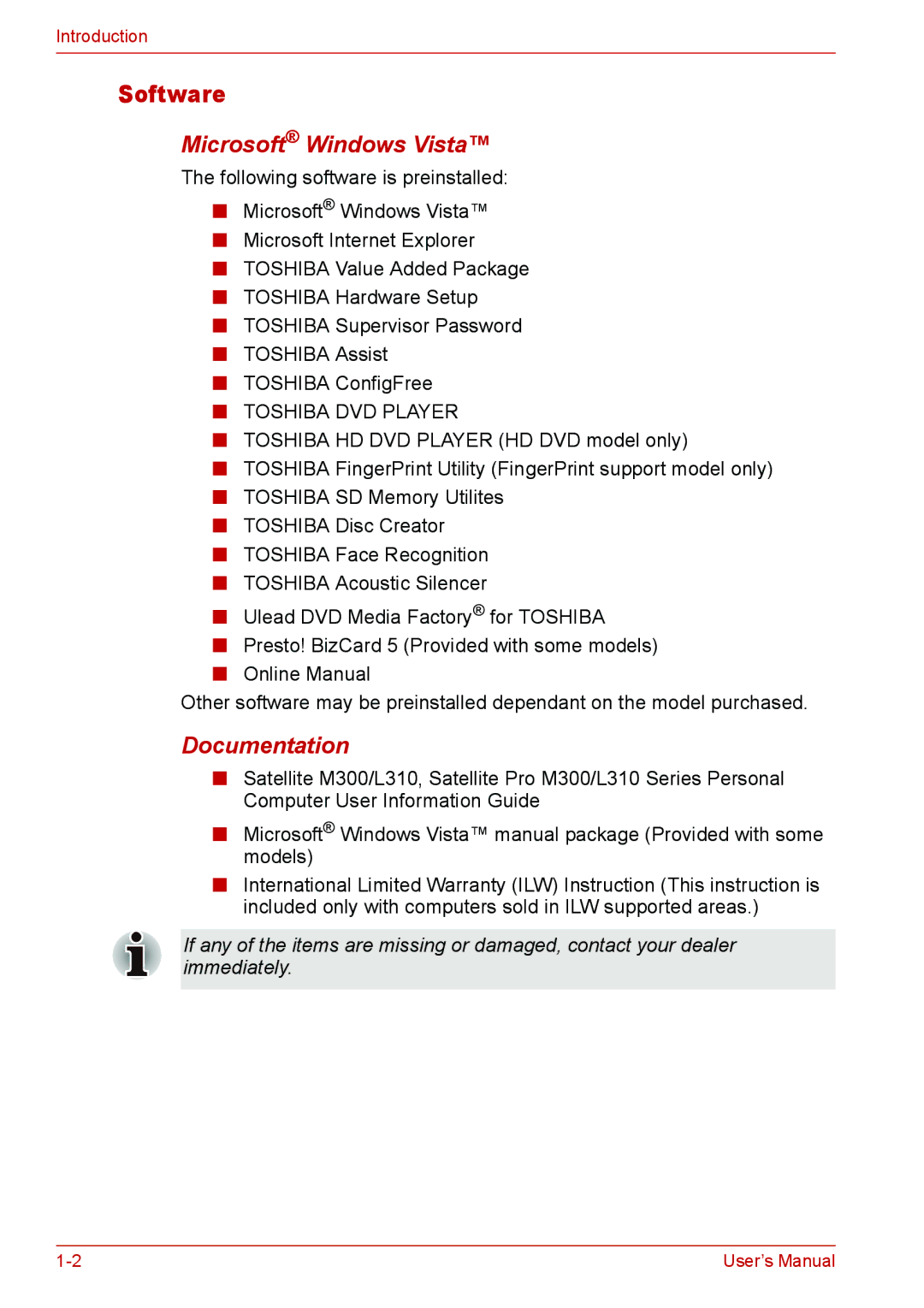 Toshiba L310 user manual Software, Microsoft Windows Vista, Documentation 