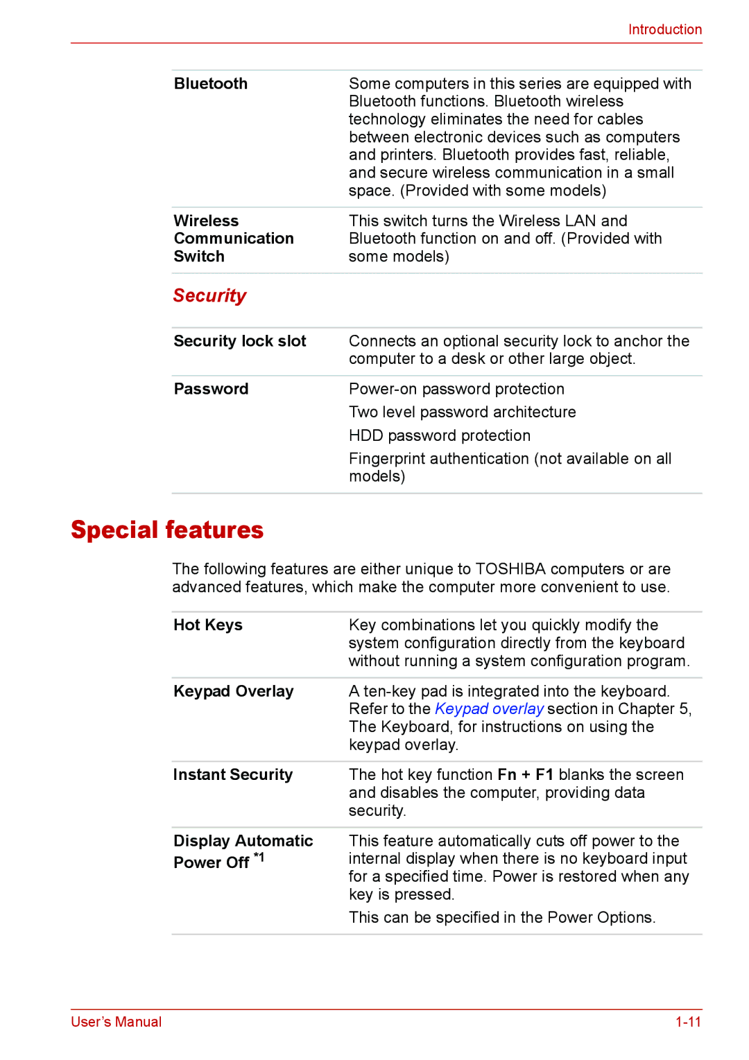 Toshiba L310 user manual Special features, Security 