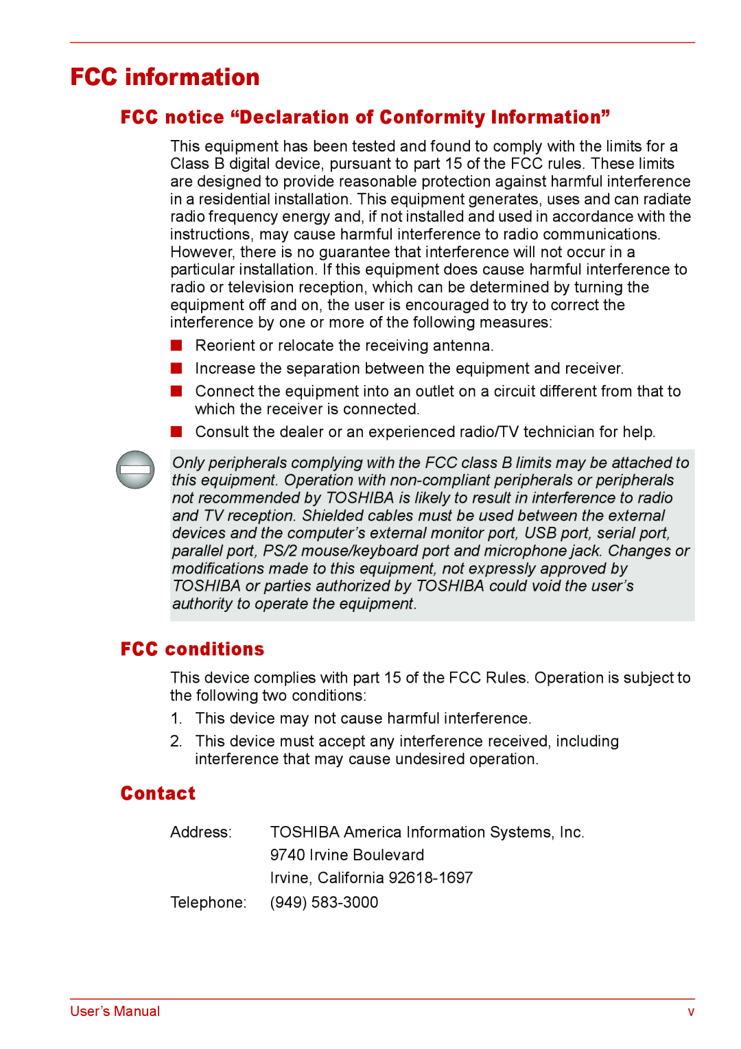 Toshiba L310 user manual FCC information, FCC notice Declaration of Conformity Information, FCC conditions, Contact 