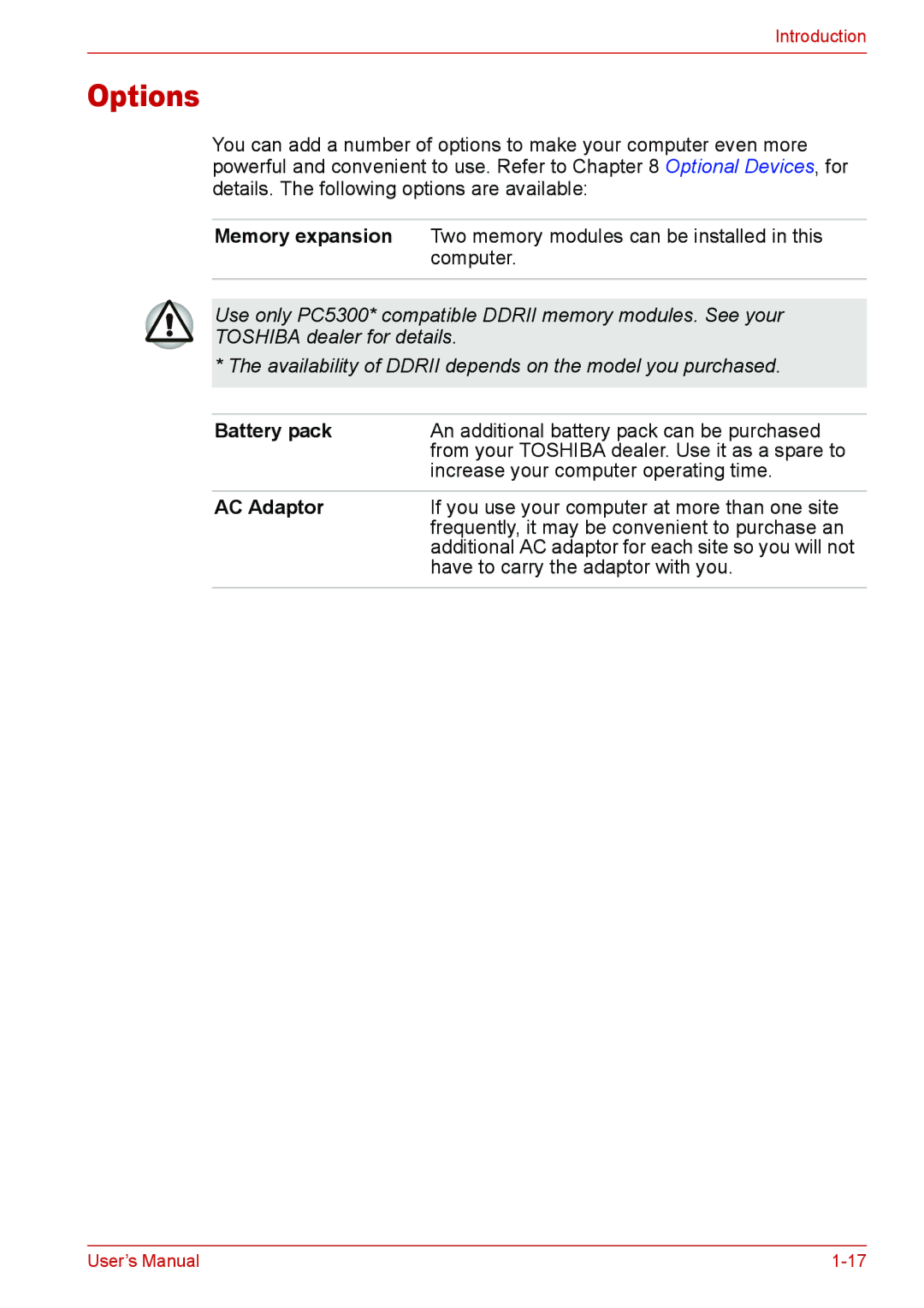 Toshiba L310 user manual Options, Battery pack 