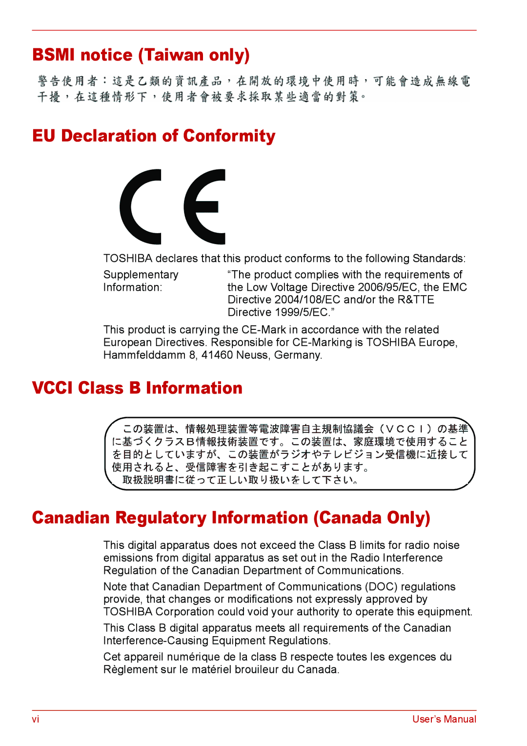 Toshiba L310 user manual Bsmi notice Taiwan only EU Declaration of Conformity 