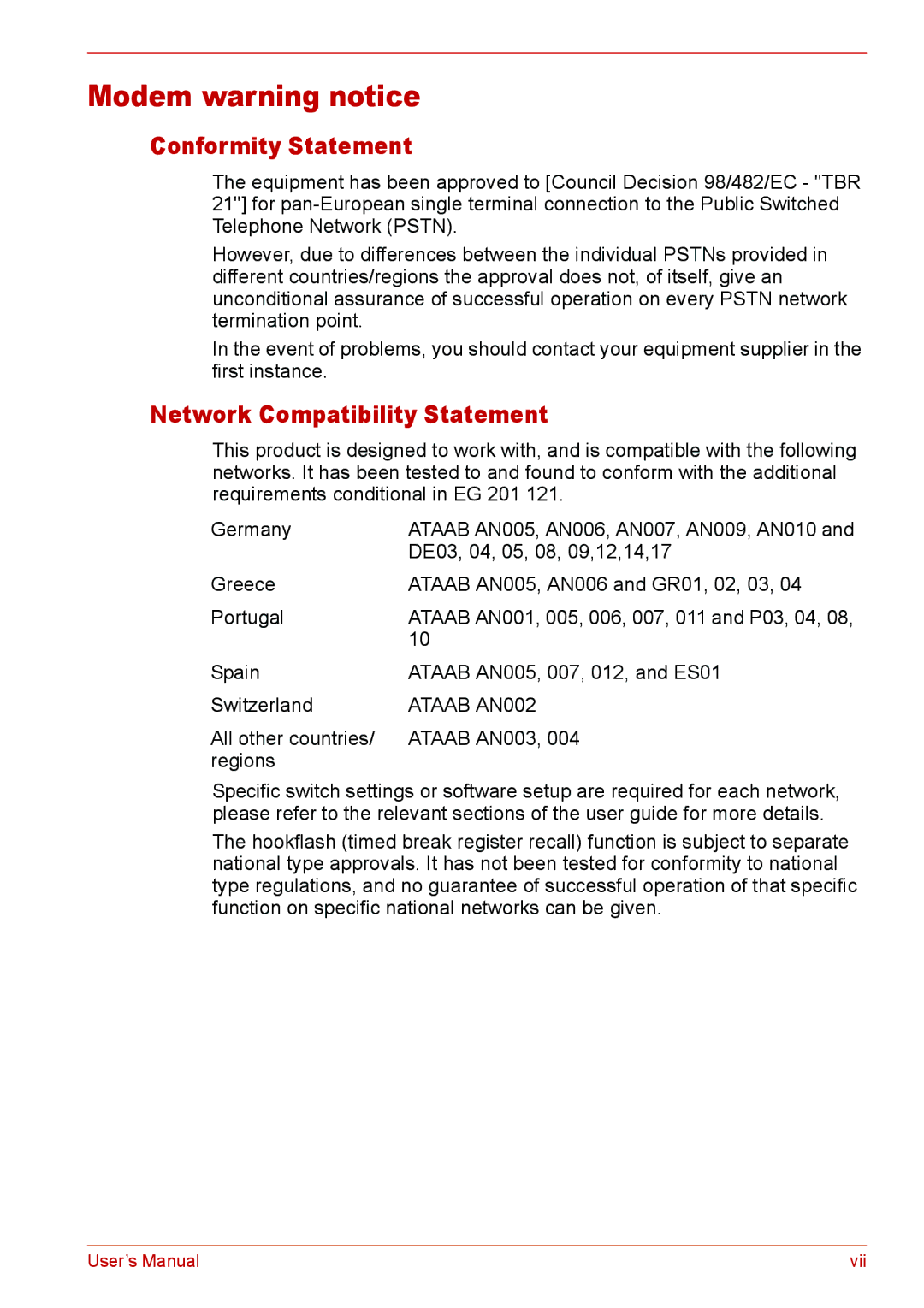 Toshiba L310 user manual Modem warning notice, Conformity Statement, Network Compatibility Statement 