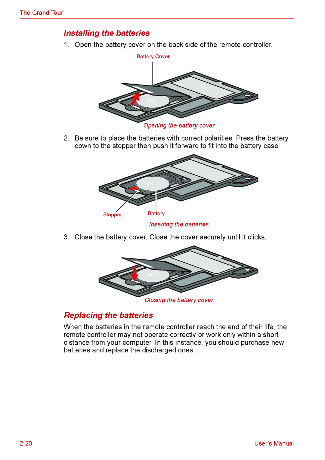 Toshiba L310 user manual Installing the batteries, Replacing the batteries 