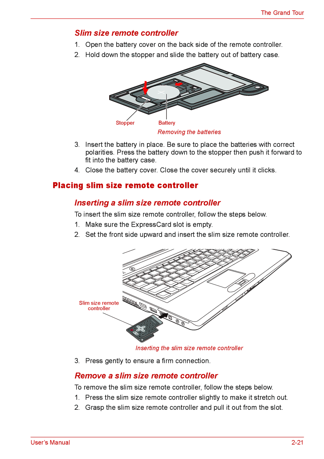 Toshiba L310 user manual Placing slim size remote controller, Inserting a slim size remote controller 