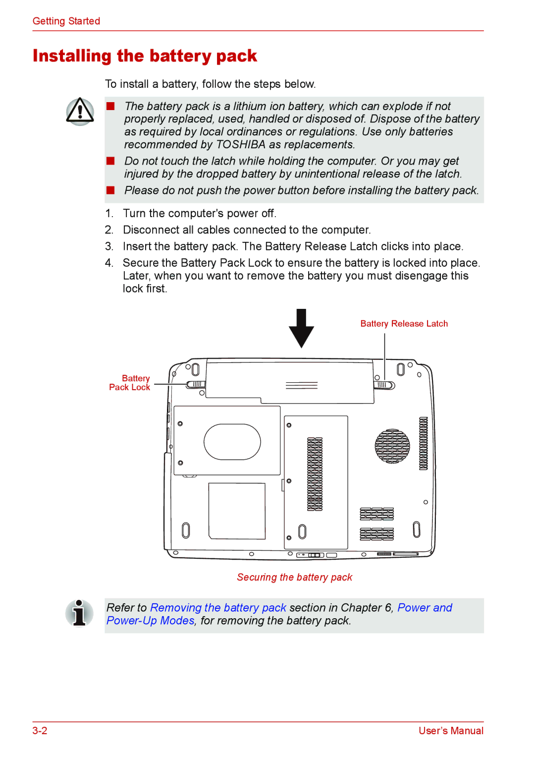 Toshiba L310 user manual Installing the battery pack 