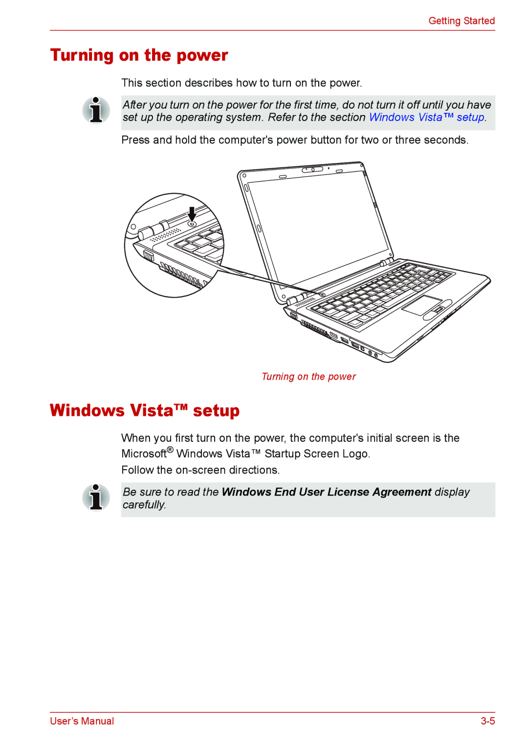 Toshiba L310 user manual Turning on the power, Windows Vista setup 