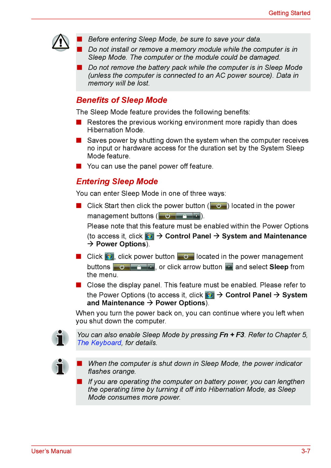 Toshiba L310 user manual Benefits of Sleep Mode, Entering Sleep Mode 