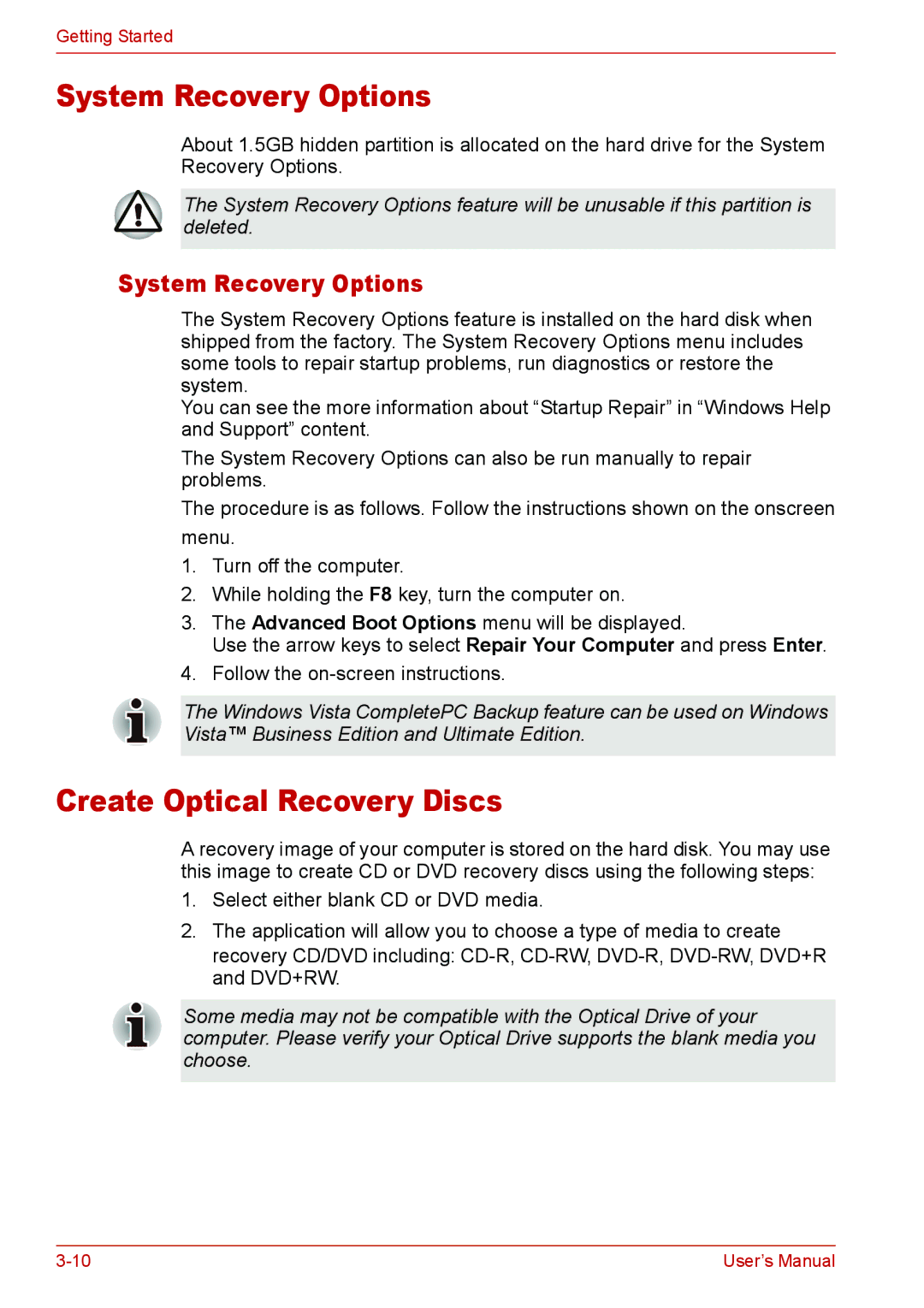 Toshiba L310 user manual System Recovery Options, Create Optical Recovery Discs 