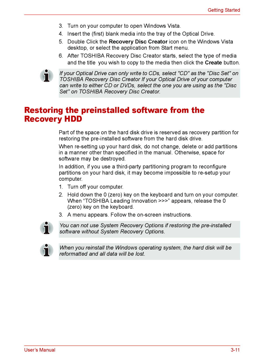 Toshiba L310 user manual Restoring the preinstalled software from the Recovery HDD 