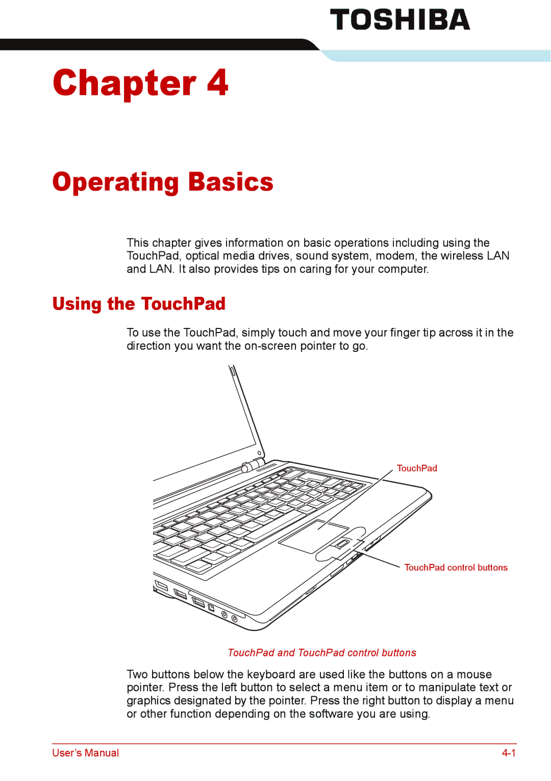 Toshiba L310 user manual Operating Basics, Using the TouchPad 