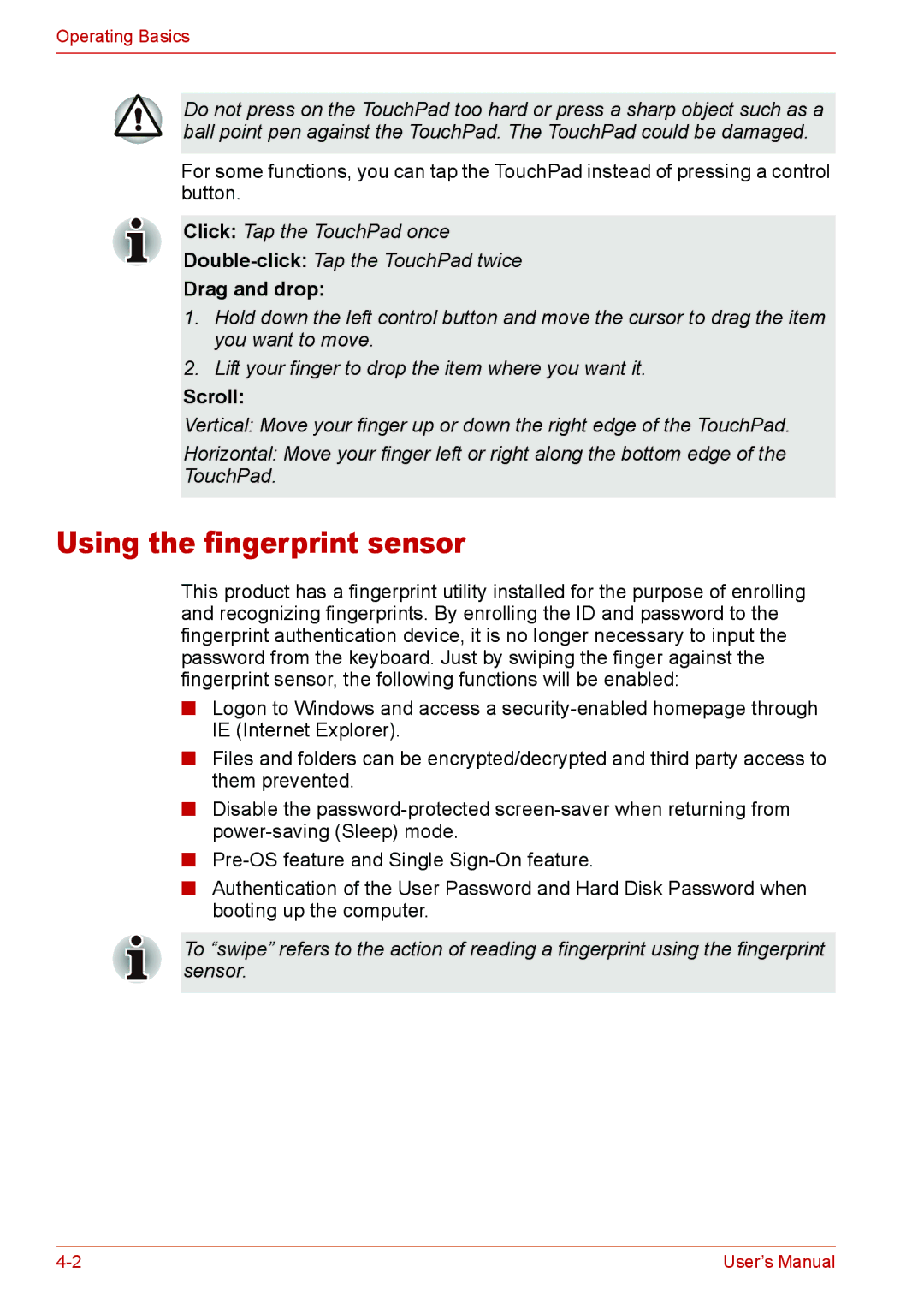 Toshiba L310 user manual Using the fingerprint sensor, Drag and drop, Scroll 