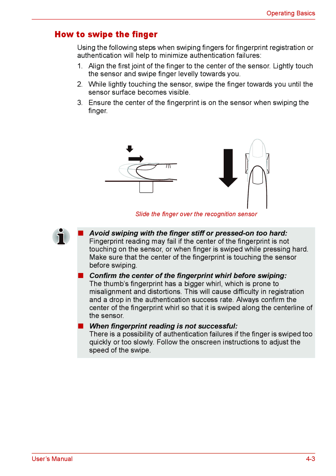 Toshiba L310 user manual How to swipe the finger 