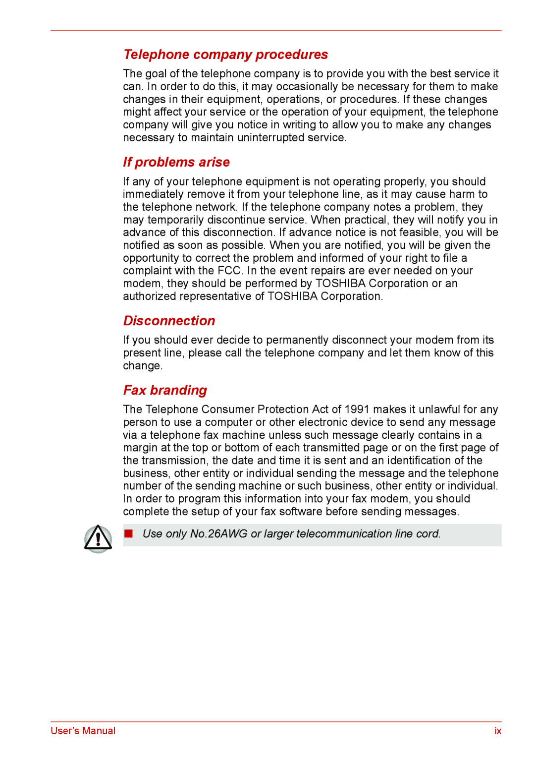 Toshiba L310 user manual Telephone company procedures, If problems arise, Disconnection, Fax branding 