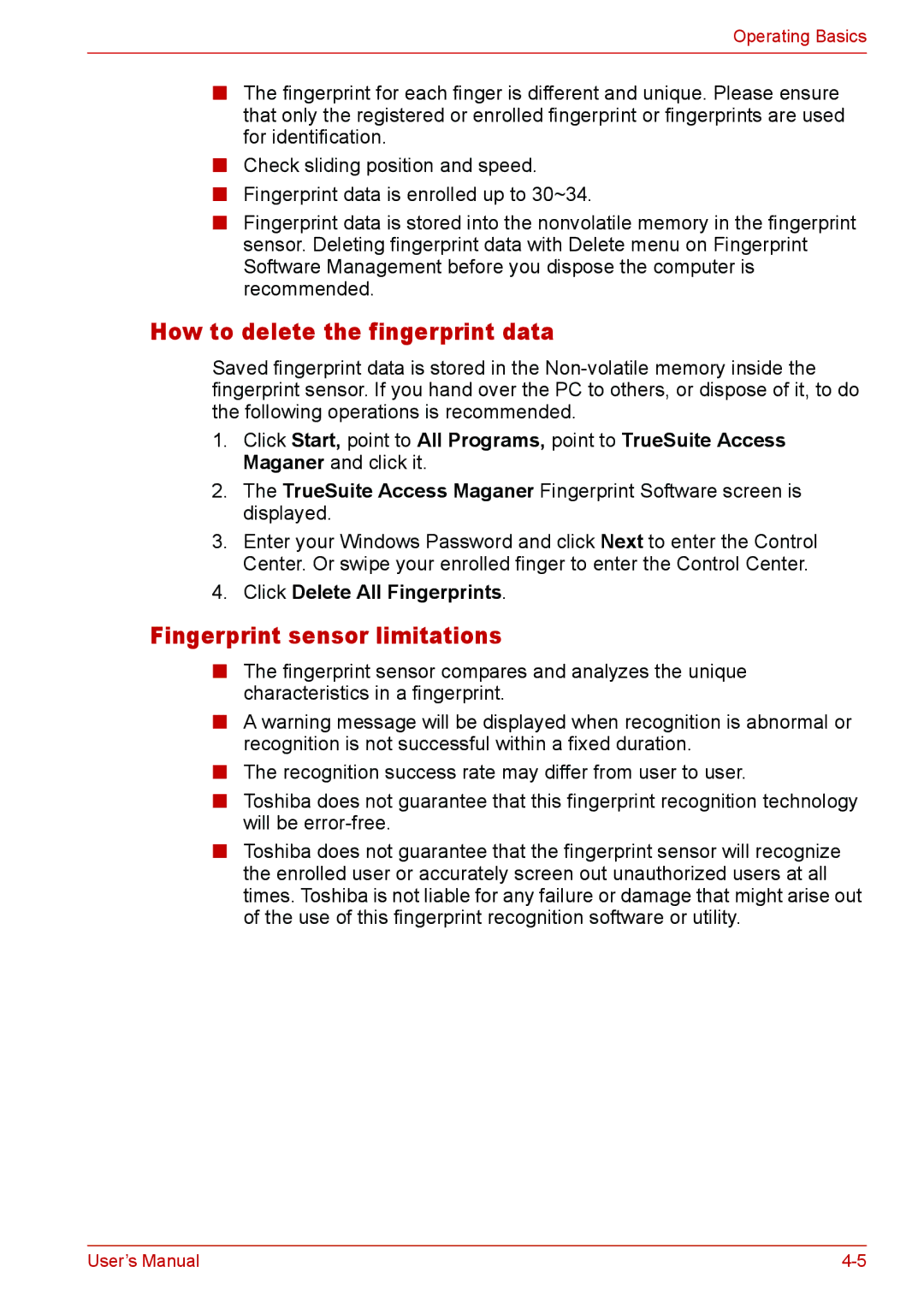 Toshiba L310 user manual How to delete the fingerprint data, Fingerprint sensor limitations, Click Delete All Fingerprints 