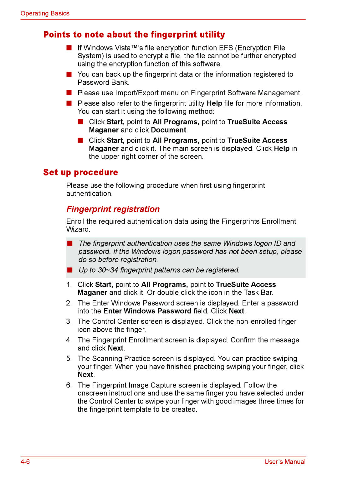 Toshiba L310 user manual Points to note about the fingerprint utility, Set up procedure, Fingerprint registration 