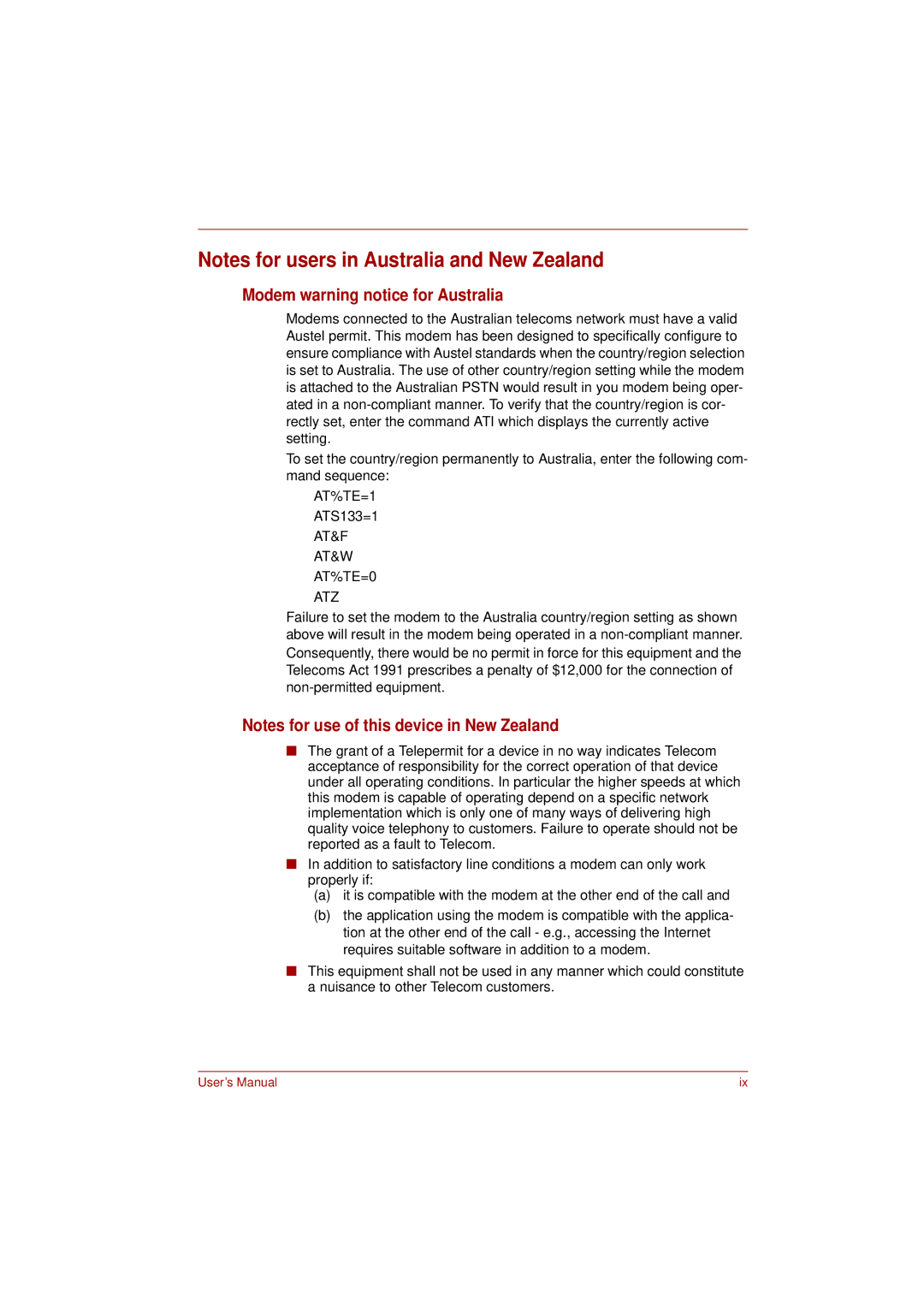 Toshiba L350 user manual Modem warning notice for Australia, AT&F AT&W AT%TE=0 ATZ 