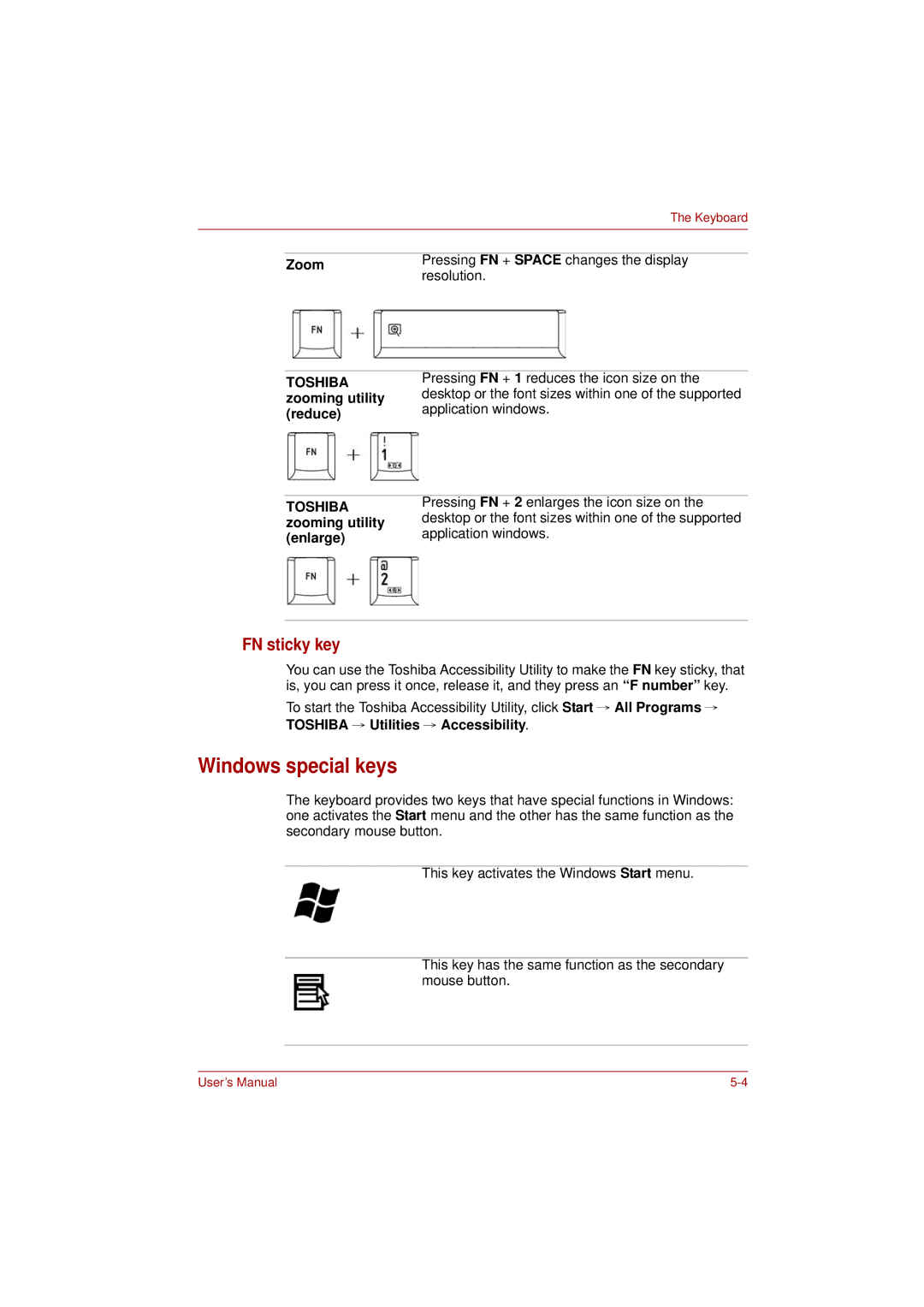 Toshiba L350 user manual Windows special keys, FN sticky key 