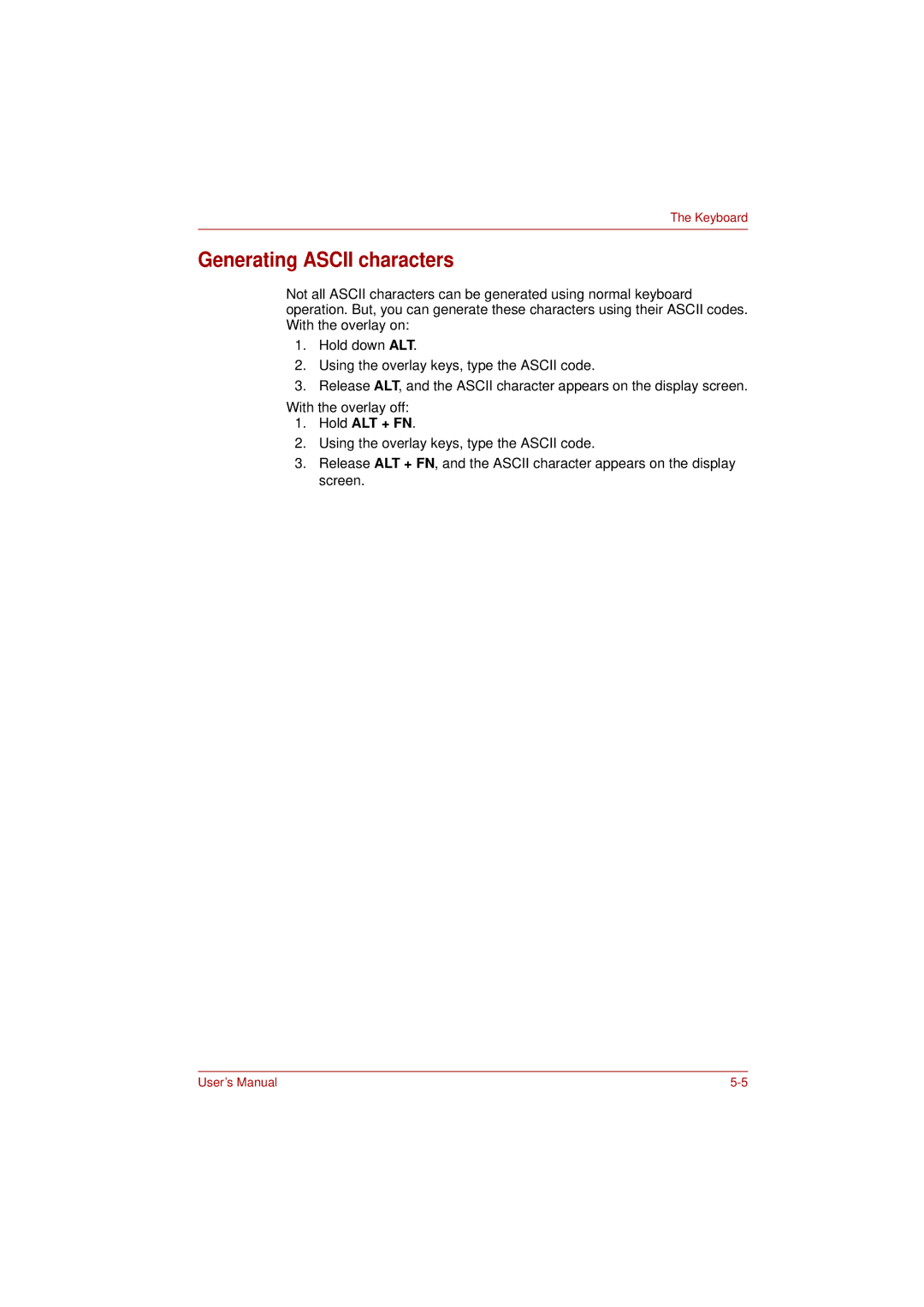 Toshiba L350 user manual Generating Ascii characters, Hold ALT + FN 