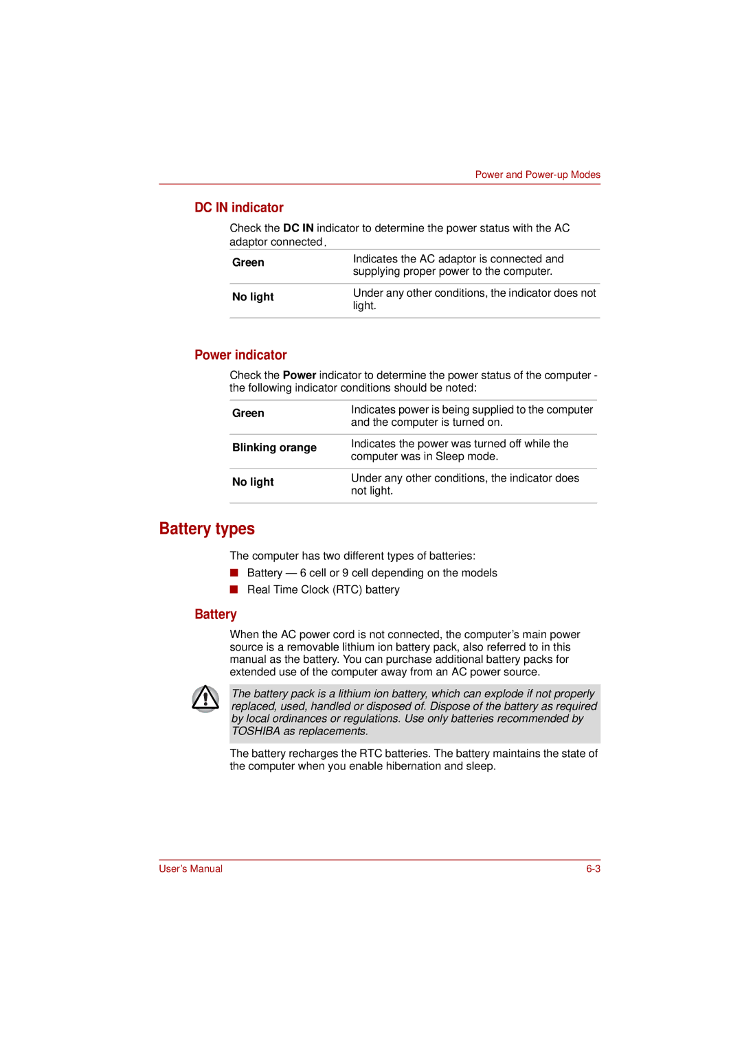 Toshiba L350 user manual Battery types, DC in indicator, Power indicator 