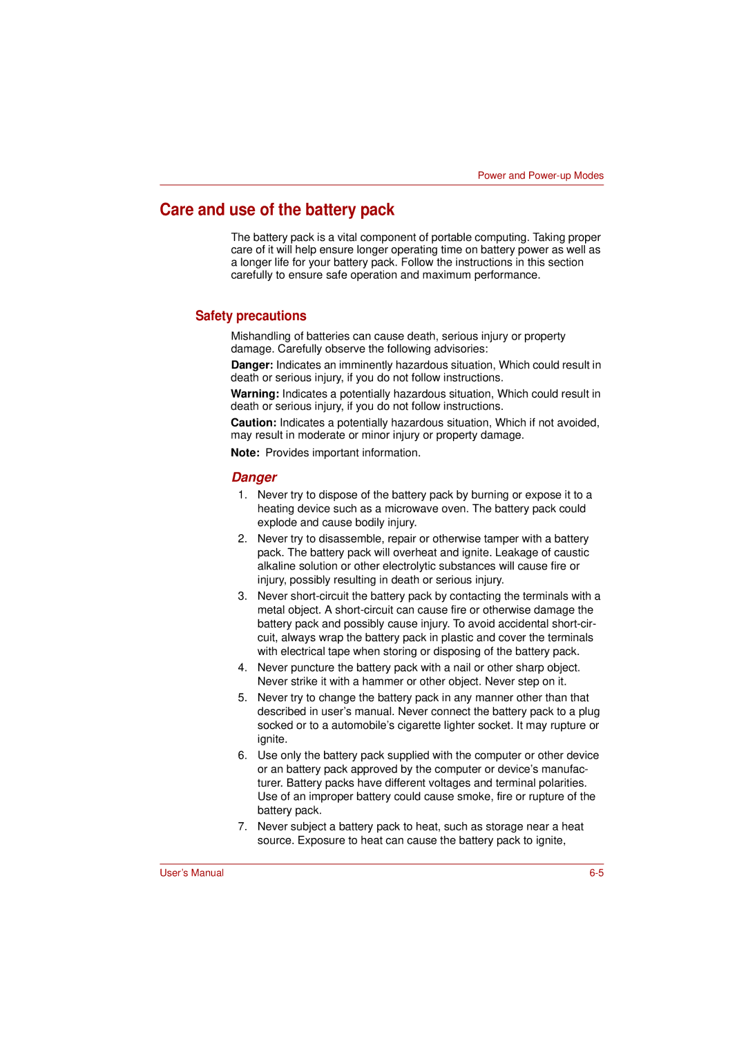 Toshiba L350 user manual Care and use of the battery pack, Safety precautions 