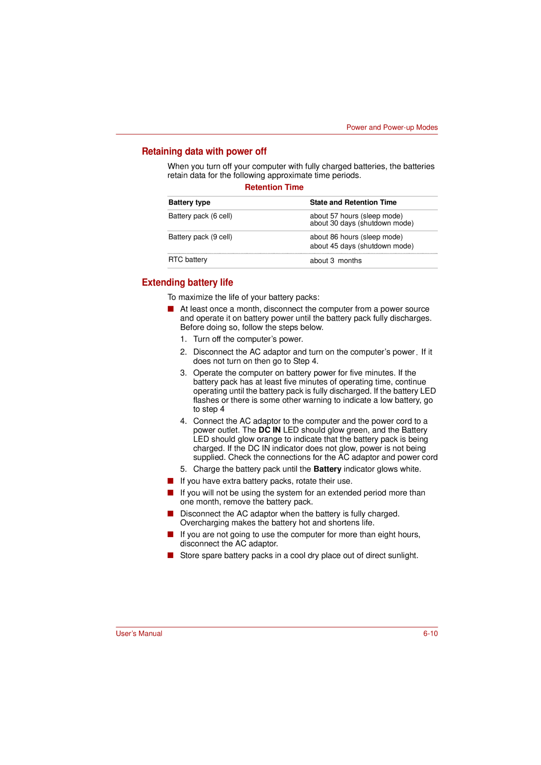 Toshiba L350 user manual Retaining data with power off, Extending battery life 