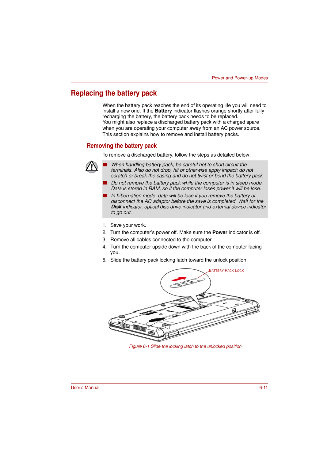 Toshiba L350 user manual Replacing the battery pack, Removing the battery pack 