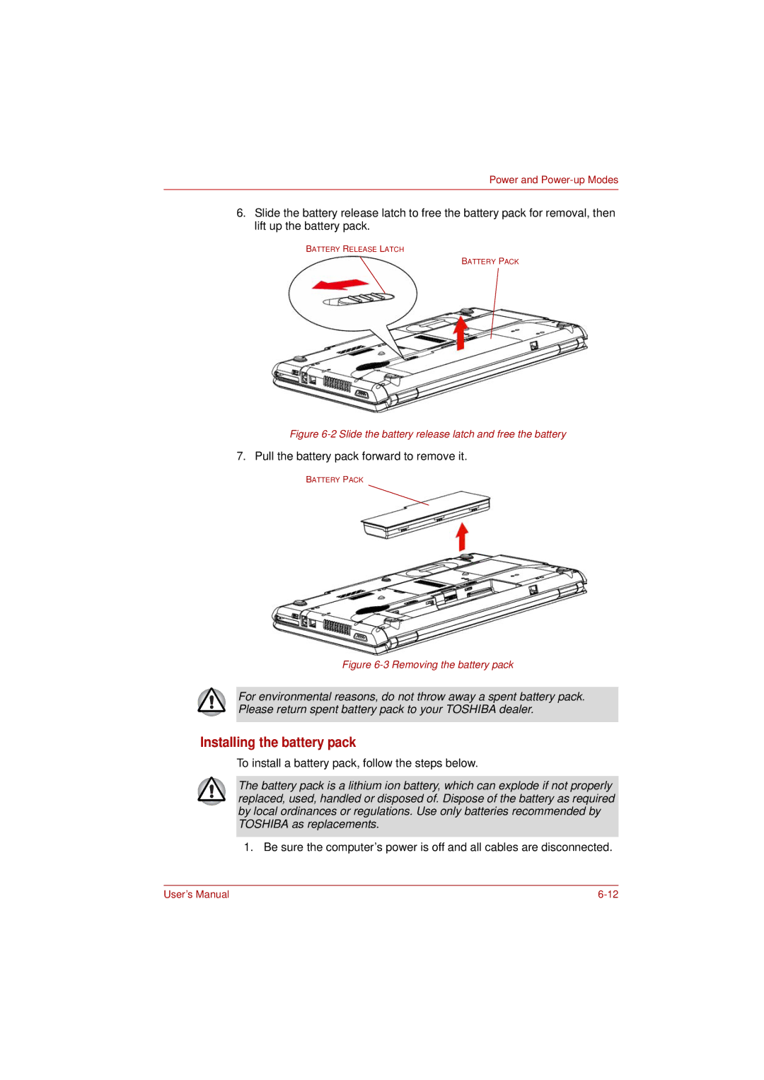 Toshiba L350 user manual Installing the battery pack, Slide the battery release latch and free the battery 