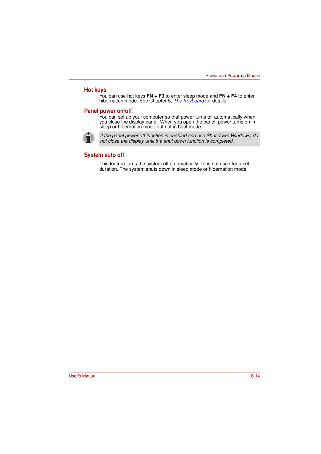 Toshiba L350 user manual Panel power on/off, System auto off 