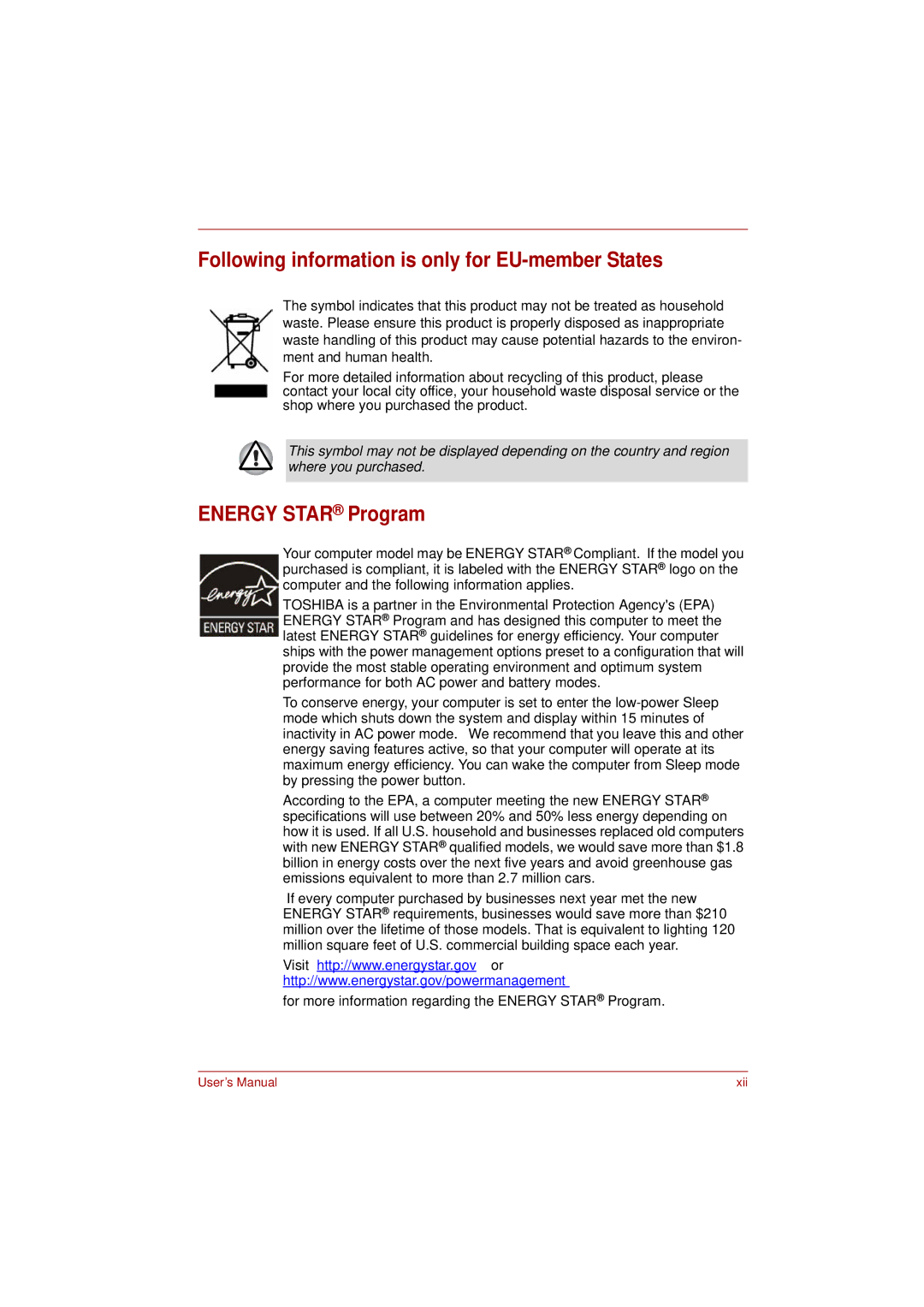 Toshiba L350 user manual Following information is only for EU-member States, Energy Star Program 