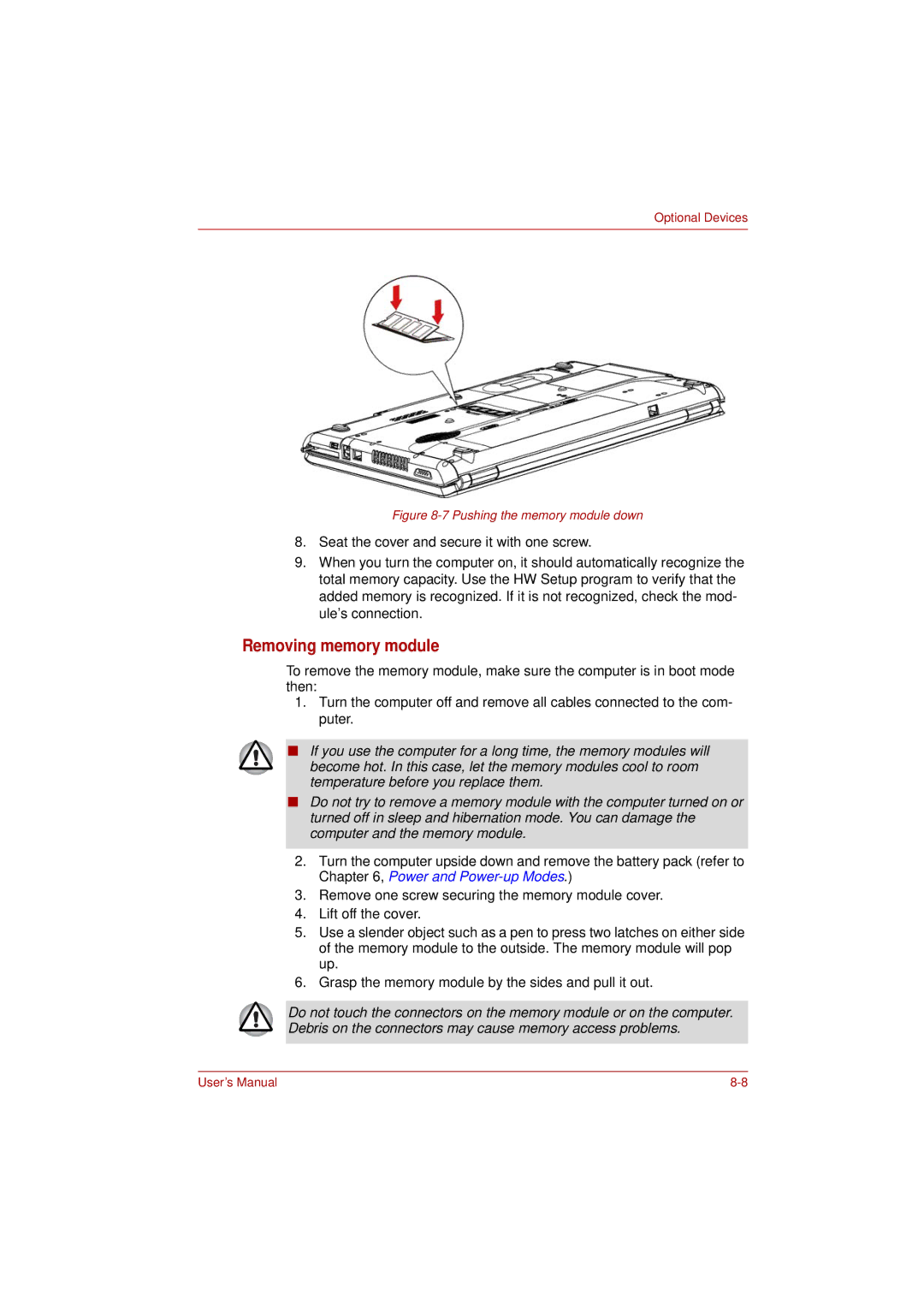 Toshiba L350 user manual Removing memory module, Pushing the memory module down 