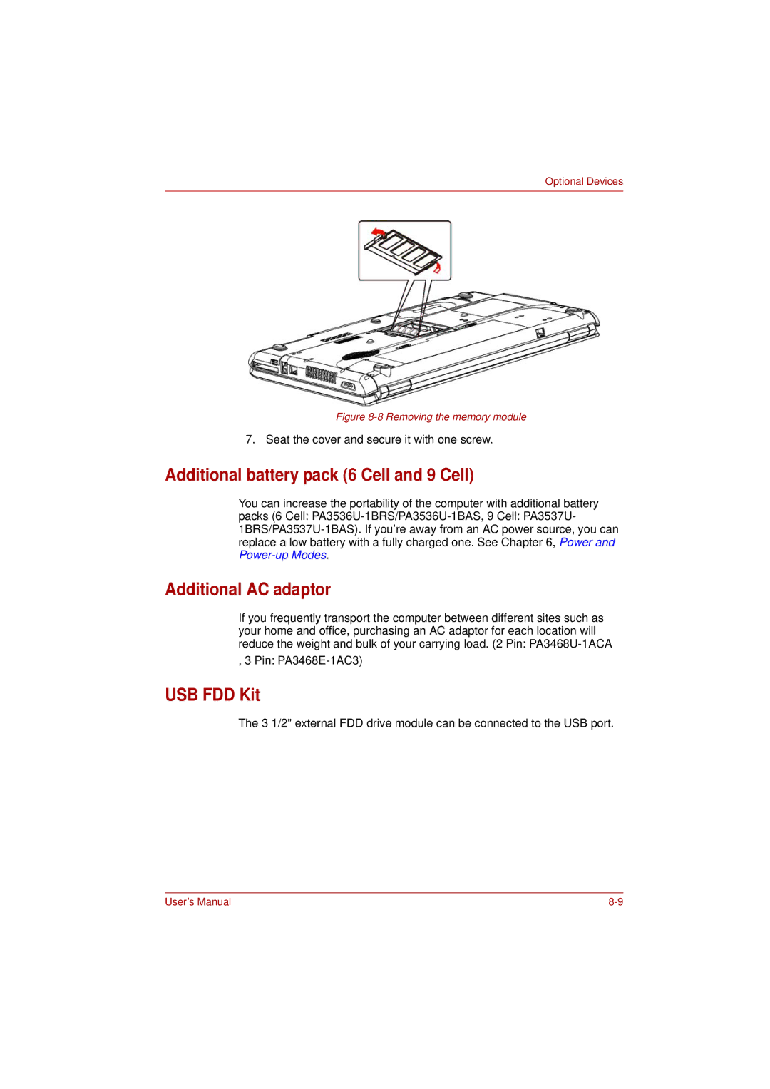 Toshiba L350 user manual Additional battery pack 6 Cell and 9 Cell, Additional AC adaptor, USB FDD Kit 