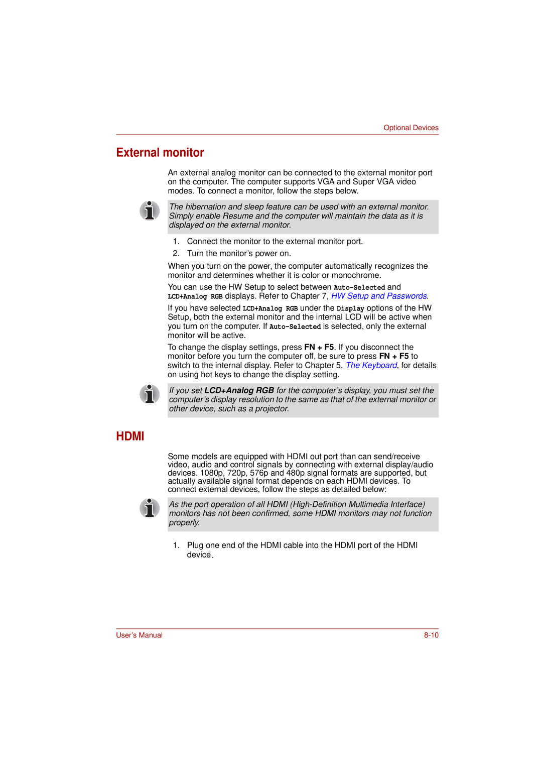 Toshiba L350 user manual External monitor, Hdmi 