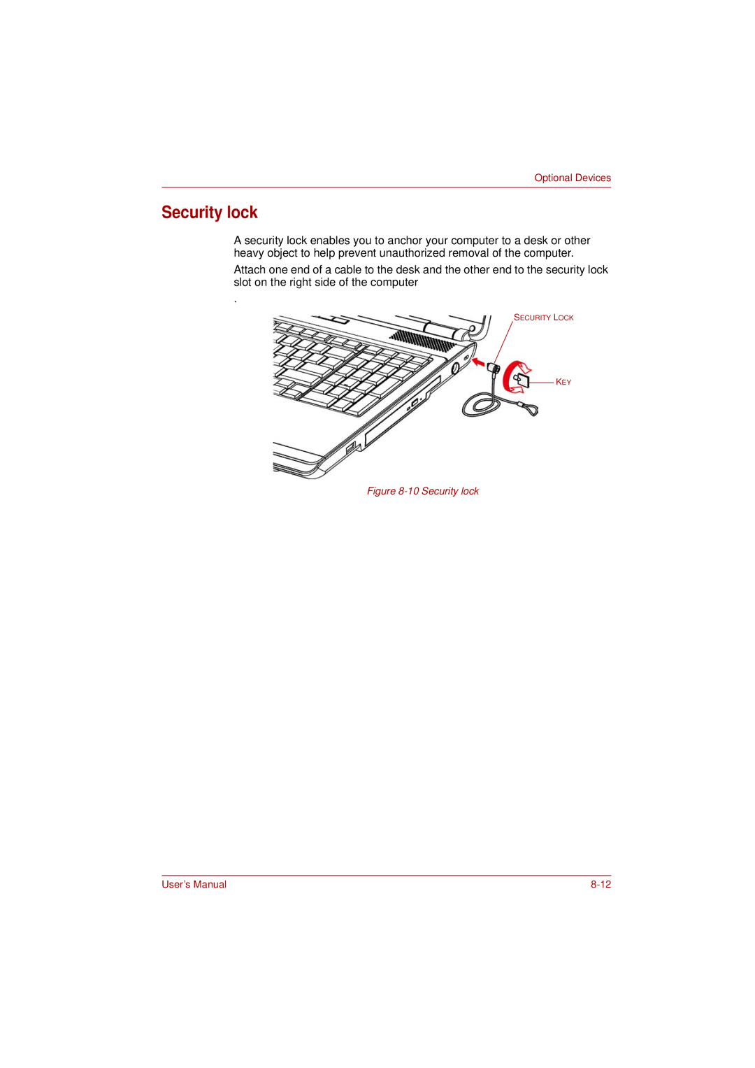 Toshiba L350 user manual Security lock 