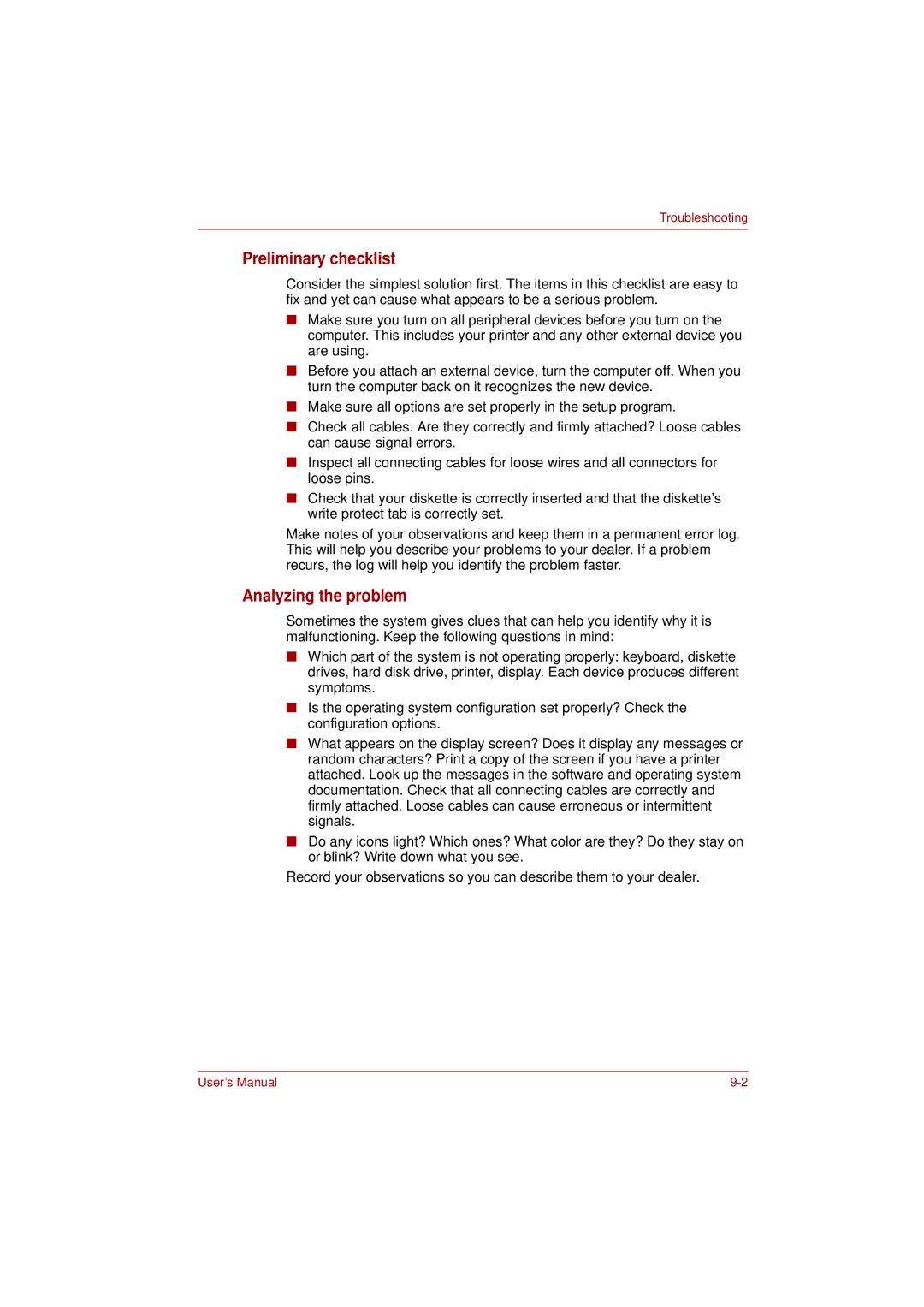 Toshiba L350 user manual Preliminary checklist, Analyzing the problem 