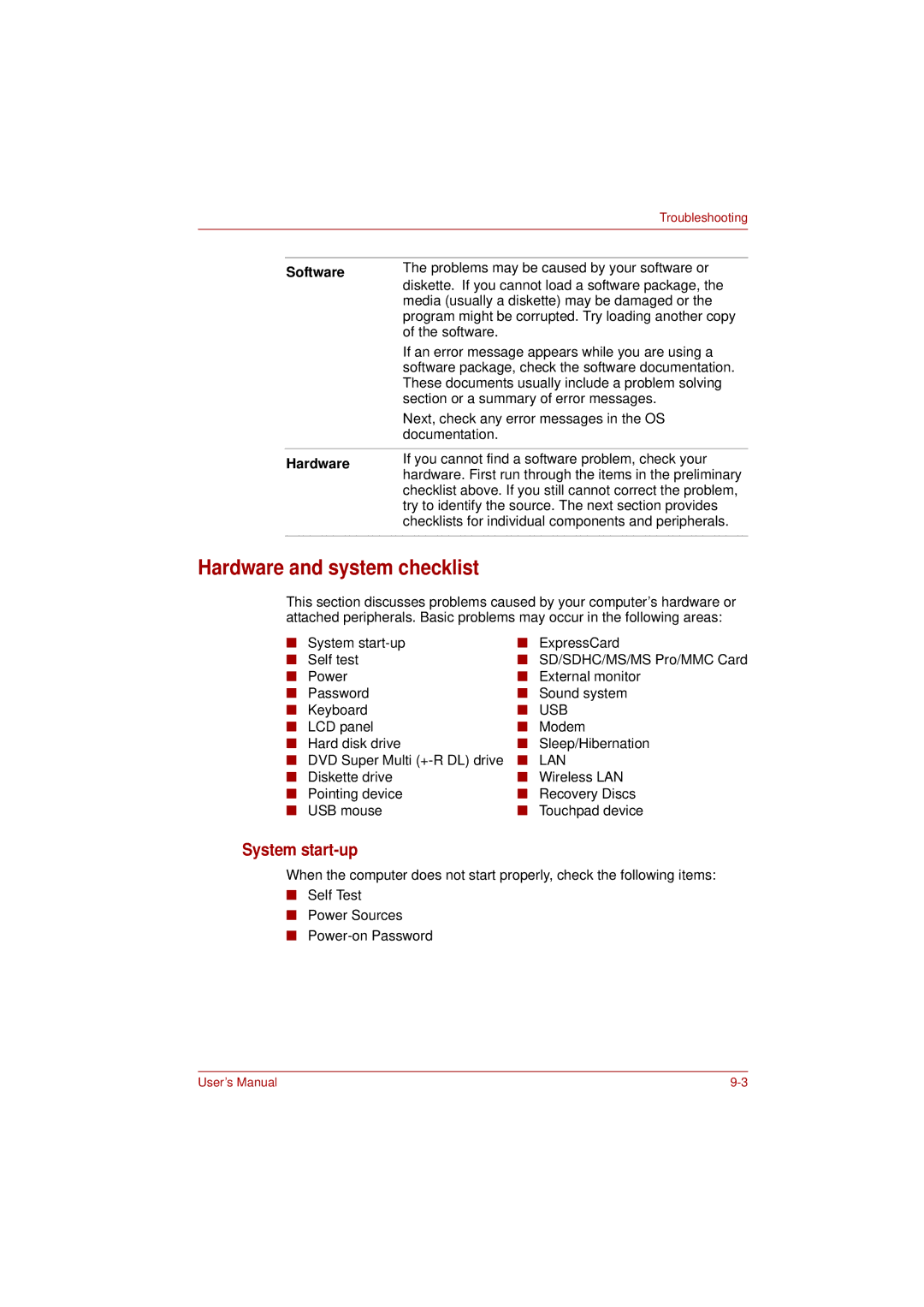 Toshiba L350 user manual Hardware and system checklist, System start-up, Software 