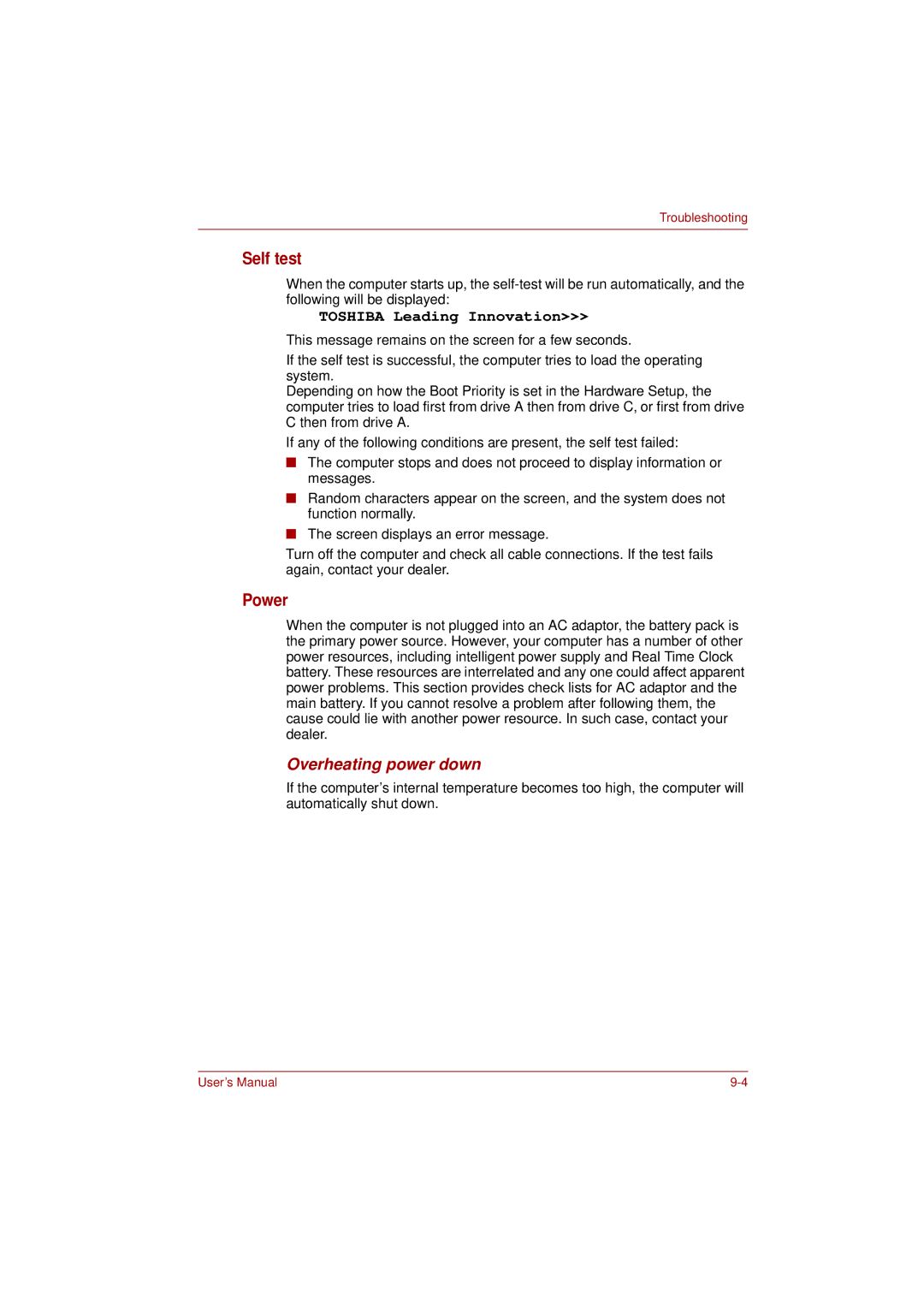 Toshiba L350 user manual Self test, Overheating power down 